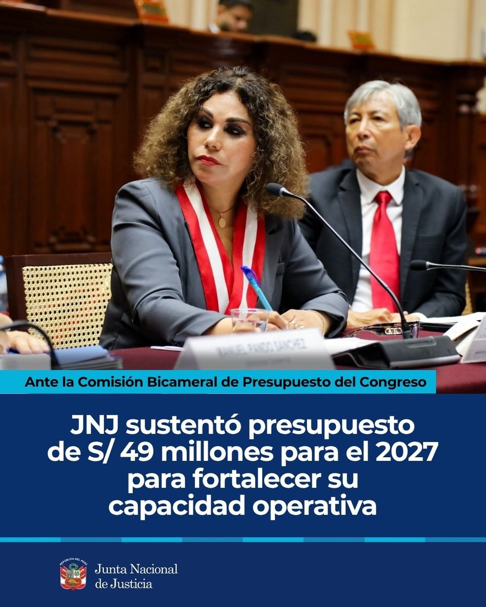 JNJPeru's tweet photo. 🔴 El Proyecto de Presupuesto 2027, sustentado por la presidenta de la JNJ, permitirá avanzar en el nombramiento de jueces y fiscales, realizar evaluaciones integrales y parciales y atender procesos disciplinarios, entre otras funciones.

🔗 https://t.co/u2q9o4wyYz https://t.co/TOr0ZWelh2