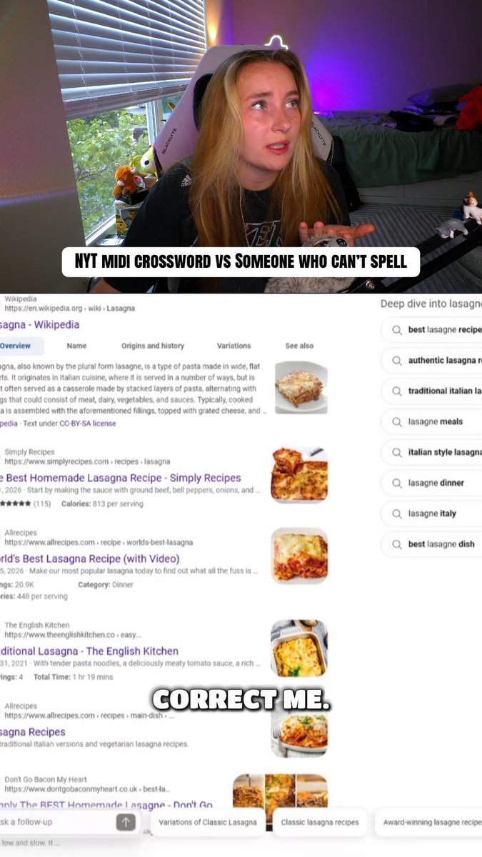 A woman sits in a gaming chair in front of a computer setup, with a meme-style caption reading "NYT MIDI CROSSWORD VS SOMEONE WHO CAN'T SPELL" above and "CORRECT ME." below, showing search results about lasagna spelled incorrectly as "lasagne."