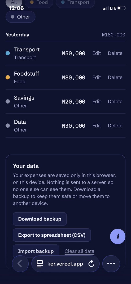 damex_7's tweet photo. Day 2/30: an expense tracker 💸

Set a monthly budget, log spending in Naira, and watch the strip fill by category (it turns red when you overspend).

Dark mode, backups, and your data never leaves your device.

https://t.co/lU02NsXqbV

#BuildInPublic #reactjs https://t.co/yPCXduQMIV