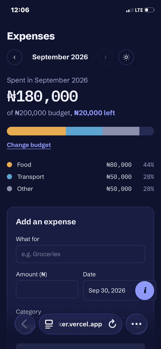 damex_7's tweet photo. Day 2/30: an expense tracker 💸

Set a monthly budget, log spending in Naira, and watch the strip fill by category (it turns red when you overspend).

Dark mode, backups, and your data never leaves your device.

https://t.co/lU02NsXqbV

#BuildInPublic #reactjs https://t.co/yPCXduQMIV