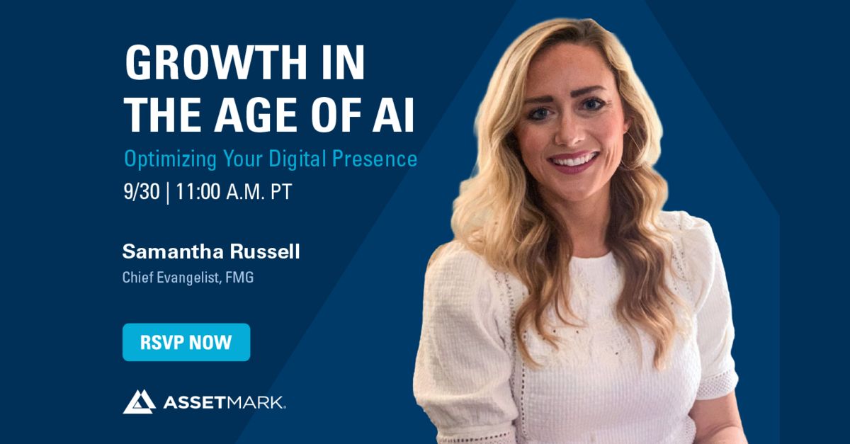 AssetMark's tweet photo. Don't miss Growth in the Age of AI: Optimizing Your Digital Presence. 

Join us on September 30th for an exclusive AssetMark webinar featuring Samantha Russell, Chief Evangelist at FMG, as she explores how AI is changing the way prospective clients find, research and evaluate financial advisors.

Discover practical strategies to:
• Strengthen your visibility in AI-driven searches
• Make your everyday marketing efforts work harder
• Create new opportunities for organic growth

September 30 | 11:00 a.m. PT

Register today: https://t.co/fBrYLXlgPi

#AssetMark #Webinar #AI
