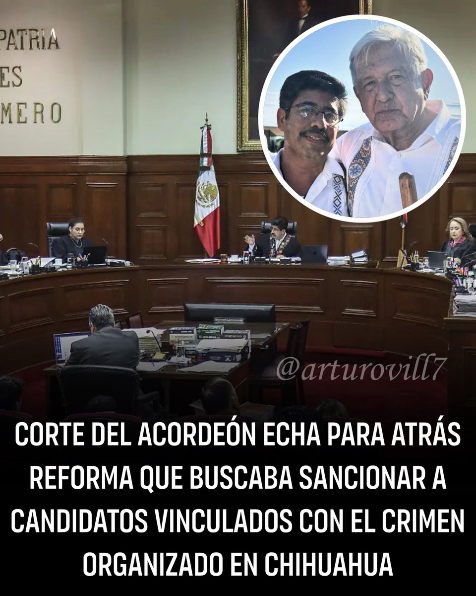 ArturoVill7's tweet photo. 🇲🇽👉🏻Para sorpresa de nadie, la nueva SCJN echó para atrás la reforma del Congreso de Chihuahua que pretendía invalidar las elecciones donde interviniera el crimen organizado y sancionar a los candidatos que mantuvieran relaciones con estas organizaciones criminales.

Y para colmo… la Corte ordenó al Congreso estatal establecer regulaciones para impedir la injerencia e intervención extranjera en los procesos electorales.

O sea, para la “Corte del acordeón” sería más grave que desde el extranjero se apoye a un candidato, que permitir que el crimen organizado meta las manos en una elección y apoye a un candidato de Morena.

Eso es precisamente lo que siempre quiso AMLO: una Corte sumisa a los intereses de su movimiento que a su vez también son intereses de grupos delictivos. 

Definitivamente, el sueño de Andrés…