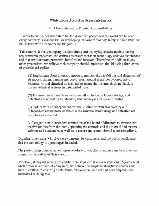 The image shows a document titled "White House Accord on Super Intelligence" issued by a Joint Commitment on Frontier Responsibilities, outlining four recommended layers of internal controls and audits for companies developing frontier AI models to ensure safe technology deployment. The accompanying post celebrates this as an exciting moment in history, emphasizing the importance of collaborative efforts to responsibly develop superintelligent AI.
