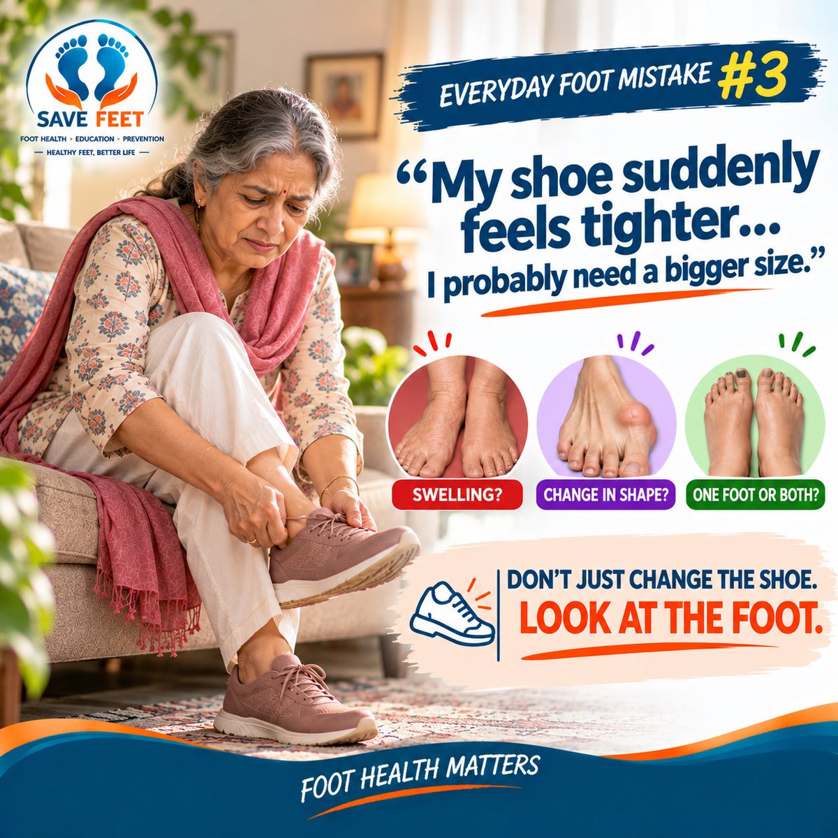 podashish's tweet photo. ๐ Your usual shoe suddenly feels tighter?
Before automatically going up a size, look at your foot.
๐ด Swelling?
๐ฃ Change in shape?
๐ข One foot or both?
Sometimes the shoe hasn't changed โ your foot has.
Don't just change the shoe. Look at the foot. ๐ฃ
#FootHealth #SaveFeet https://t.co/yagmjk9IGN