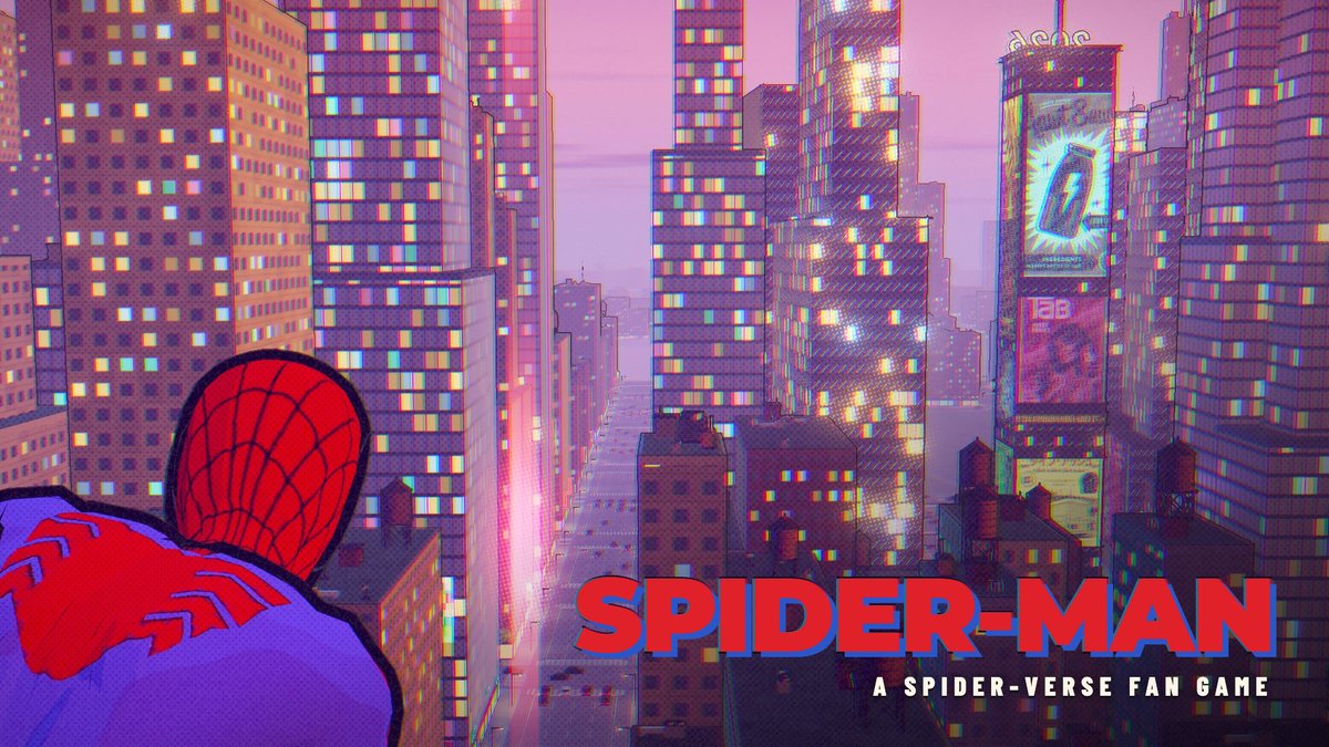 A promotional image for 'Spider-Man: A Spider-Verse Fan Game' shows the back of Spider-Man looking out over a stylized, neon-lit city skyline at sunset.