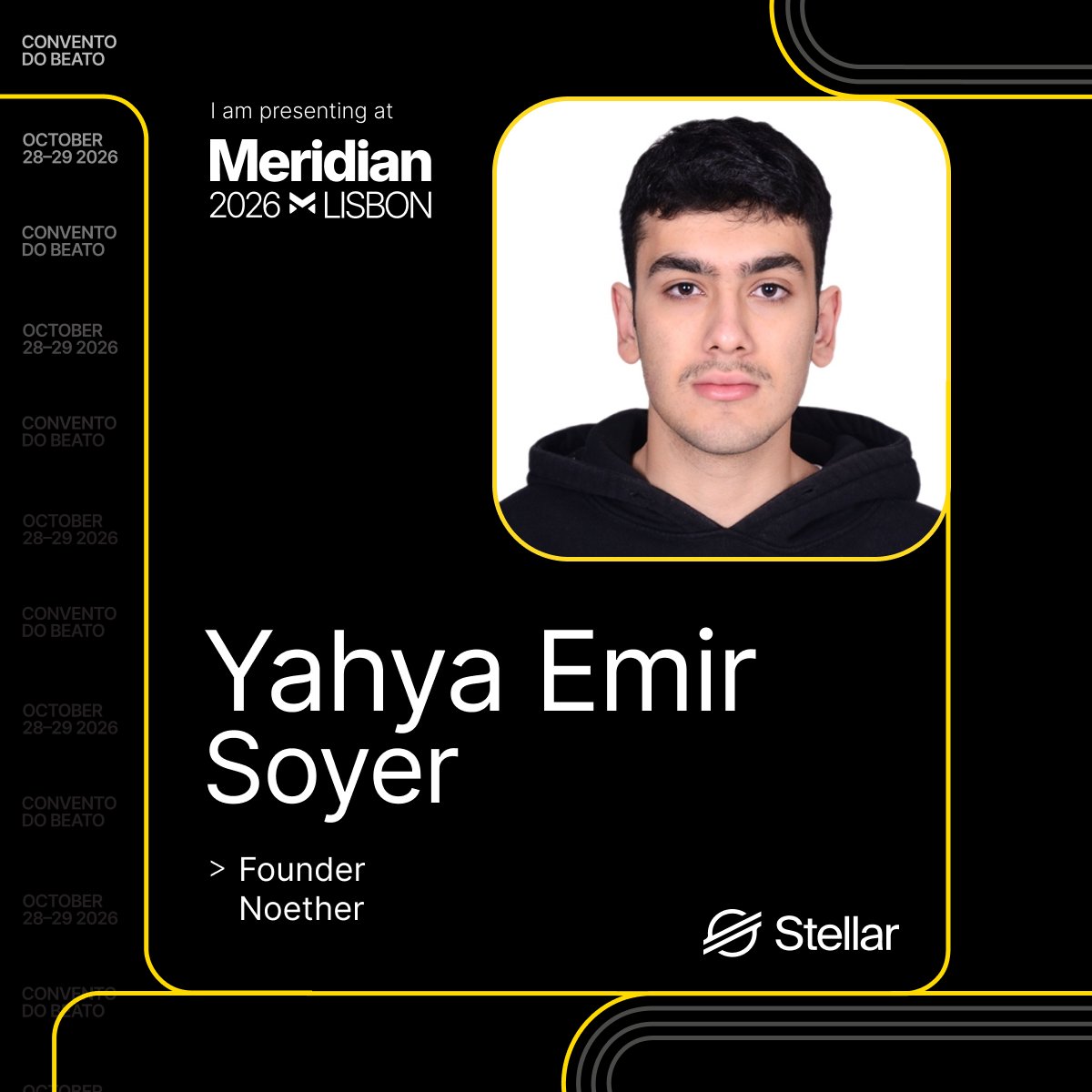 yahya_tx's tweet photo. going to lisbonnnnn 🇵🇹

i'll be on stage at meridian 2026 pitching Noether: the RWA perp dex on stellar

trade stocks, gold, oil and crypto with leverage.

and the best part:
deposit from any chain with one single signature.

oct 28–29, convento do beato. come find me.

@StellarOrg @BuildOnStellar @Noetherdex