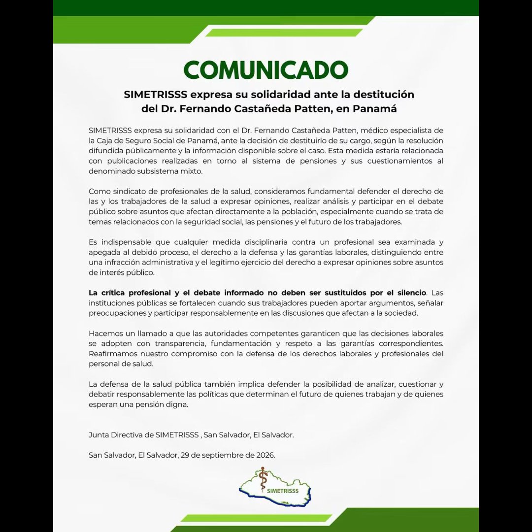 sinfiltrosES's tweet photo. Como #SIMETRISSS expresamos nuestra solidaridad con el Dr. Fernando Castañeda Patten, médico especialista de la Caja de Seguro Social de Panamá, ante su reciente destitución. @amoacsspa https://t.co/KLN7VH92oB