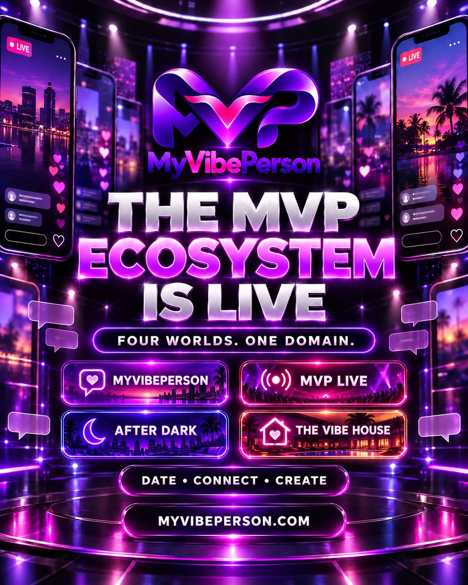MyVibePartner's tweet photo. The full MVP ecosystem is now together in one place. 💜
Four worlds. One domain.

Explore everything at:
https://t.co/JkBqOZLsii
Date. Connect. Create.
#MyVibePerson #MVPLive #TheVibeHouse #DatingPlatform #ContentCreators https://t.co/dvsS5fnaGq