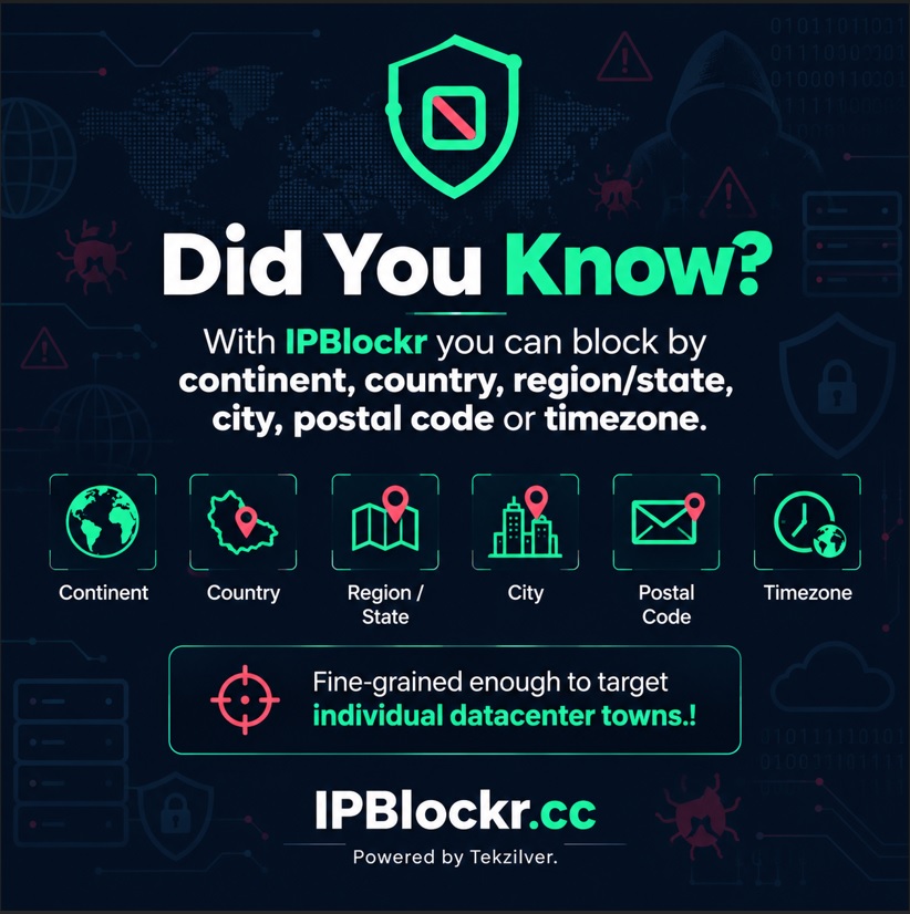 ipblockr's tweet photo. You can block bad IPs by continent, country, region/state, city, postal code or timezone. Fine-grained enough to target individual datacenter towns.

More info/Sign up:https://t.co/xVxhYaC0e5

#ipblockr #cybersecurity #cybersecuritytools https://t.co/76jbjd67gJ