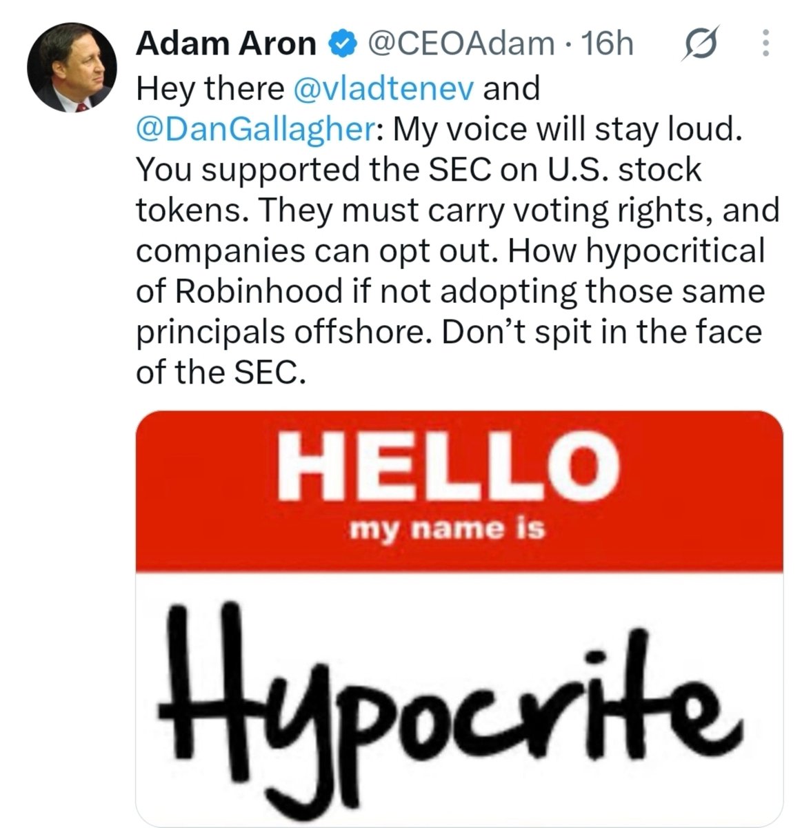 Degen_Life_'s tweet photo. 🚨 Adam Aron is calling out the double standard. If stock tokens need voting rights and companies can opt out in the U.S., why should Robinhood get to ignore those principles offshore? $AMC shareholders deserve a straight answer. 🦍 https://t.co/BEBHYYbRgq