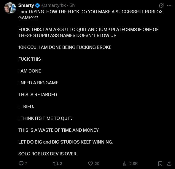 Dave_The_Epic's tweet photo. @smartyrbx @Roblox_RTC As per usual you are a vibecoder who spends 200 dollars on claude, then crashes out wondering why they arent making a successful game. Just sad https://t.co/AEoxfweaXt