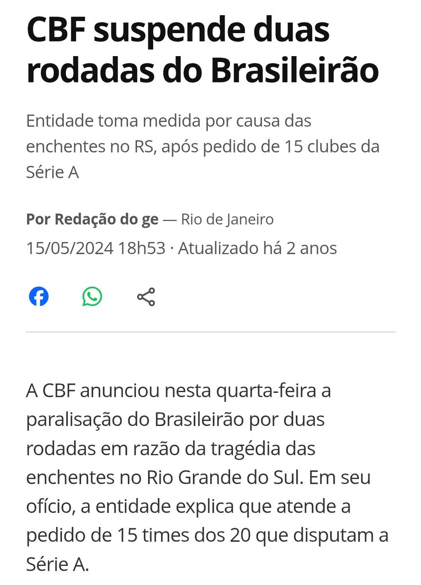futnatv's tweet photo. Já vi várias pessoas repetindo que "os clubes não pararam na pandemia", sendo que o futebol brasileiro ficou MESES interrompido e o Brasileirão e a Libertadores de 2020 só terminaram em 2021.

Também inventaram que "o futebol não parou nem nas enchentes do Rio Grande do Sul", sendo que o Brasileirão literalmente foi suspenso por duas semanas a pedido dos clubes.

Chegamos num ponto em que nem fatos objetivos importam mais.

A pessoa escolhe a conclusão que quer defender, depois reescreve o passado até ele caber no argumento.