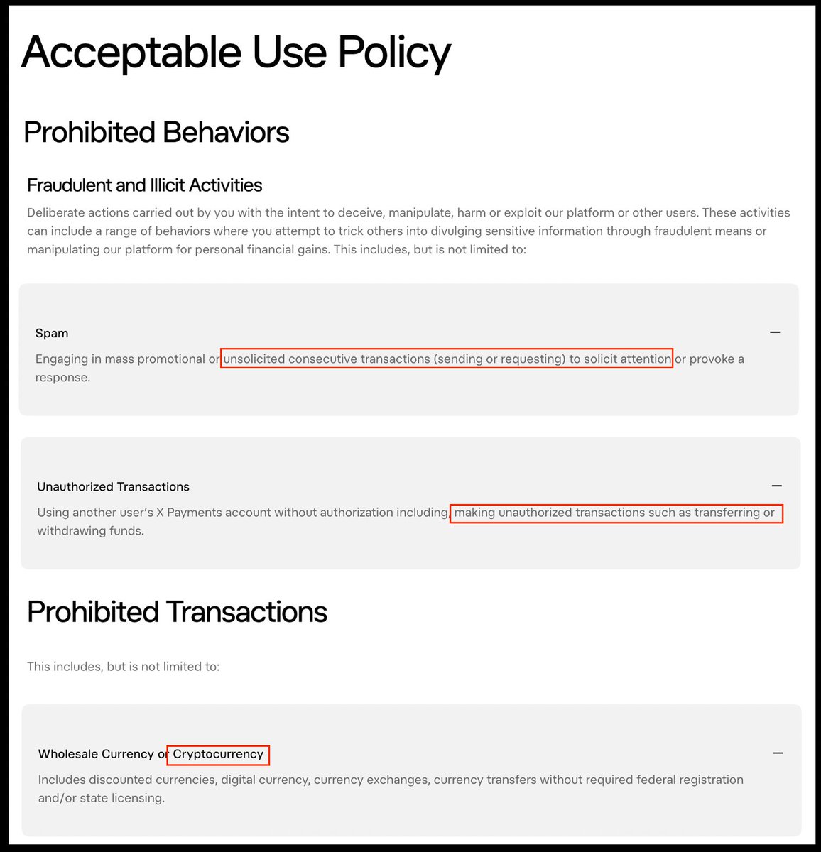 FTPager's tweet photo. $PAID at $9M MCAP is still overvalued for an obsolete memecoin fee collection portal

Unless you think @XMoney would change their Acceptable Use Policy to bring them back online, I'd cut my losses

For context, they were in violation of 𝕏Money's Acceptable Use Policy against:

1. Spam
Engaging in mass promotional or unsolicited consecutive transactions (sending or requesting) to solicit attention or provoke a response.

2. Unauthorized Transactions
Using another user’s X Payments account without authorization including, making unauthorized transactions such as transferring or withdrawing funds.

3. Wholesale Currency or Cryptocurrency
Includes discounted currencies, digital currency, currency exchanges, currency transfers without required federal registration and/or state licensing.

You can read the full Acceptable Use Policy here: [https://t.co/Qm1lLjvQGV] 📌
