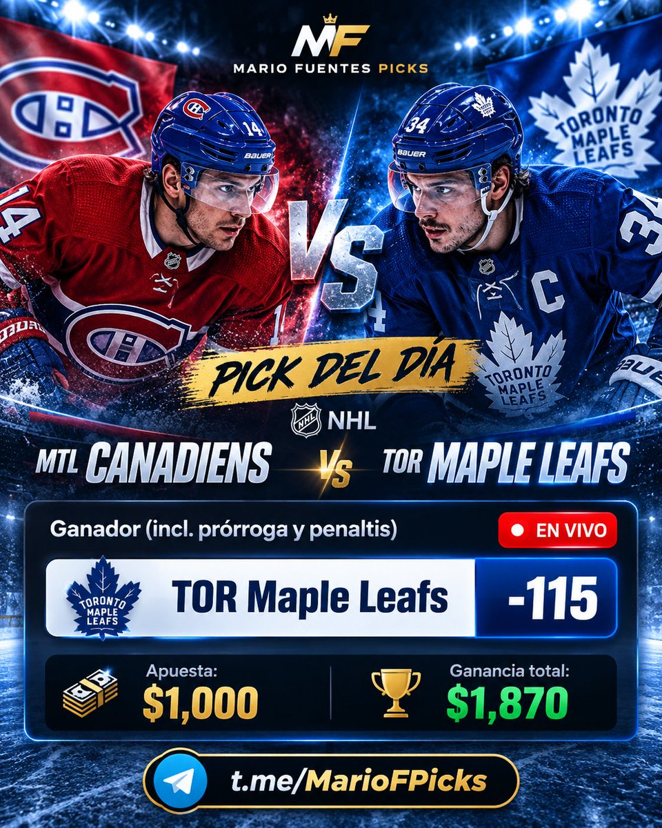 mfmariopicks's tweet photo. Freepick #NHL 

Toronto Maple Leafs ML🍁 
-110

❤️ Si te lo juegas con nosotros https://t.co/oCVyZUNu1d