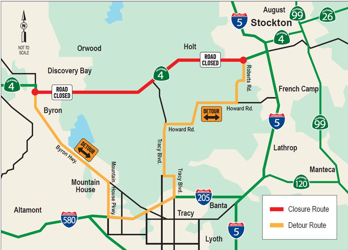 CaltransDist10's tweet photo. #PlanAhead #Stockton #DiscoveryBay Additional 36-hour full closure of SR-4 from Roberts Road to SJ/CC County line scheduled to begin at 10pm, Fri., Oct. 23 until 10am, Sun., Oct. 25, 2026. See detour route below. https://t.co/3fvcwdy1RJ