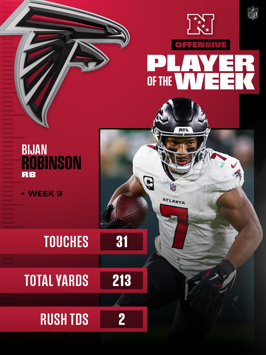 NFL's tweet photo. NFC Players of the Week! (Week 3)

@Bijan5Robinson | @sonnystyles_ | @Myles_price3 https://t.co/CmJxzTKmwZ