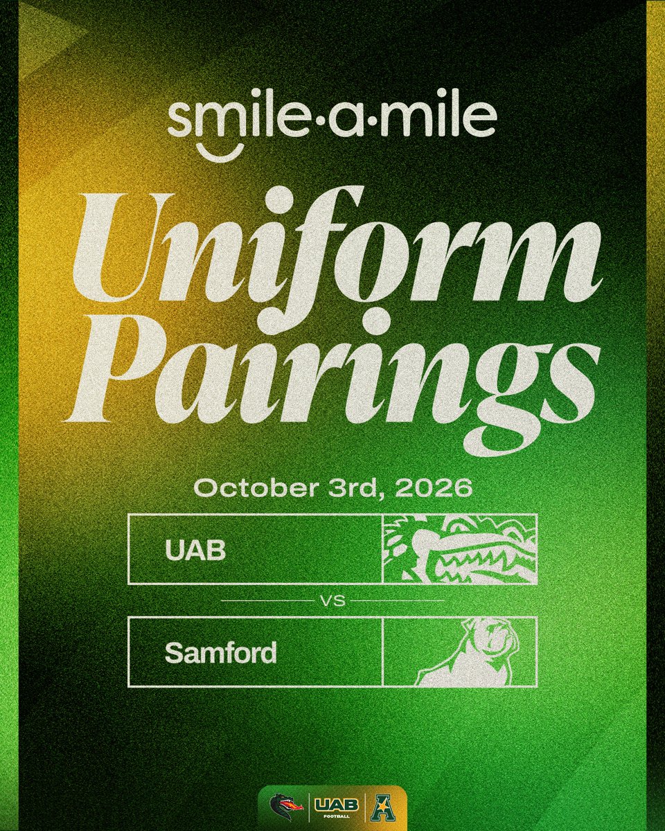 UAB_FB's tweet photo. This Saturday is the 4th annual Smile-A-Mile childhood cancer game as UAB hosts Samford at 2:30 p.m. 

Blazer players will be paired with patients and wear their names on the back of their jerseys. 

#WinAsOne https://t.co/h7hRYrihoq