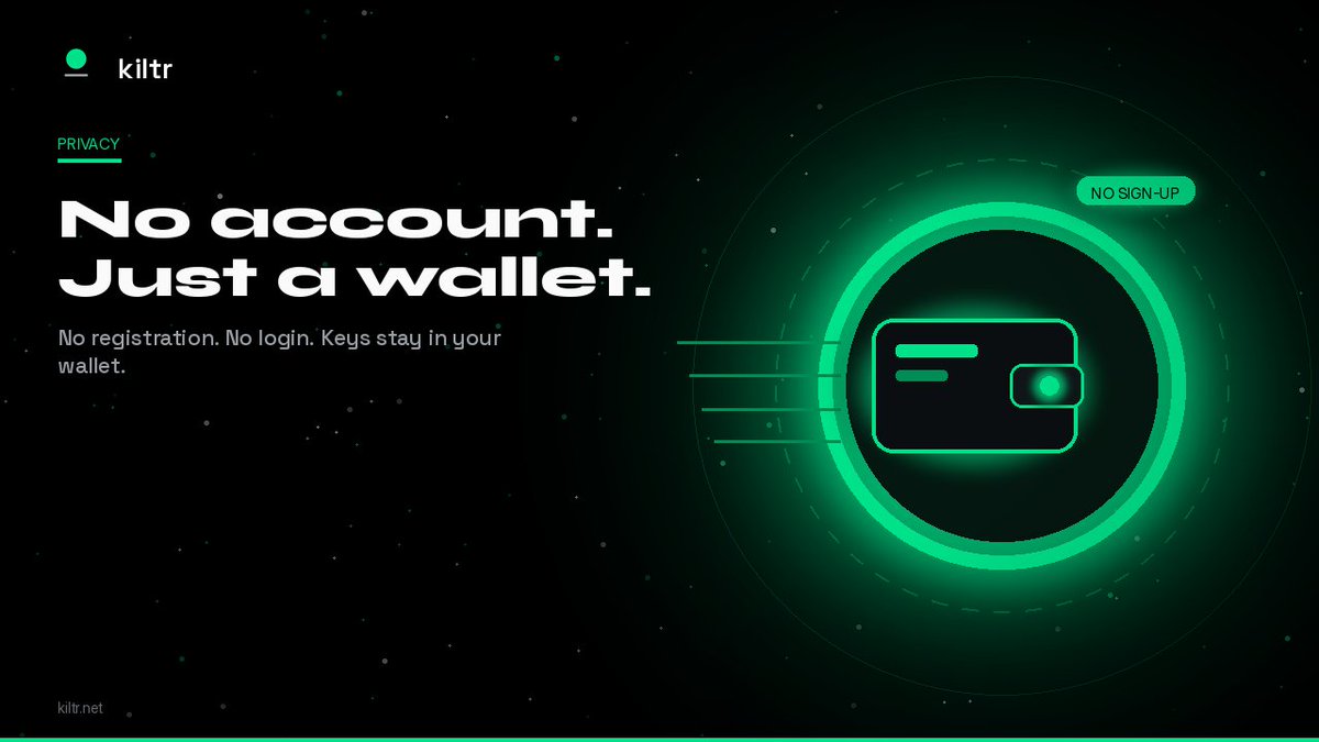 KiltrProtocol's tweet photo. No account. Just a wallet.Kiltr's interface does not ask you to create an account. No registration. No login. Connect a wallet and you are in.Your private keys never leave your wallet. Kiltr is self-custodial, and the privacy notice sums it up: we collect as little as we can, on purpose.https://t.co/hiB0GUM8kZ content. Not investment advice.Independent — not affiliated with or endorsed by Robinhood.$KILTR CA: 0x985ff6B07d77121eBBb4074c35b7a022D61123AD