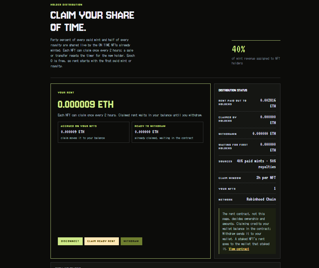 Ontimenft's tweet photo. Rent has started flowing 💸

40% of paid mints + 50% of royalties go to ON TIME holders, live.

Claim every 2 hours 👇 https://t.co/pXXnG6otWT