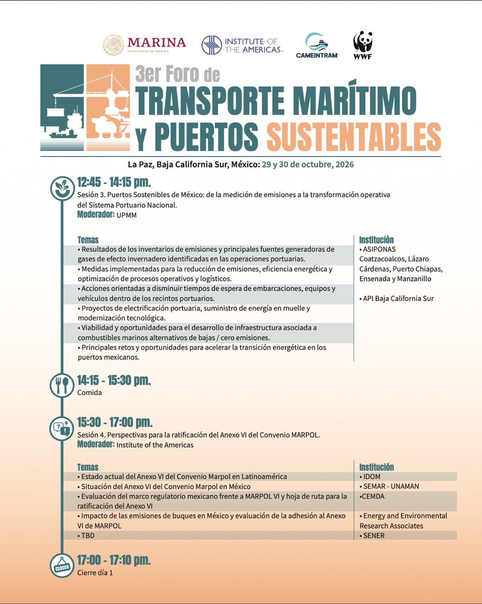 CAMEINTRAM's tweet photo. ⚓ Tercer Foro de Transporte Marítimo y Puertos Sustentables | Agenda día 1 (29 y 30 de octubre de 2026) 🚢.  

A continuación, les compartimos el programa del día 1.  

🖊️ Regístrate aquí: https://t.co/uitjZvZ10M  

📌 Nota: La agenda está sujeta a cambios.  

Únete a la conversación con el hashtag #RumboALasCeroEmisiones
