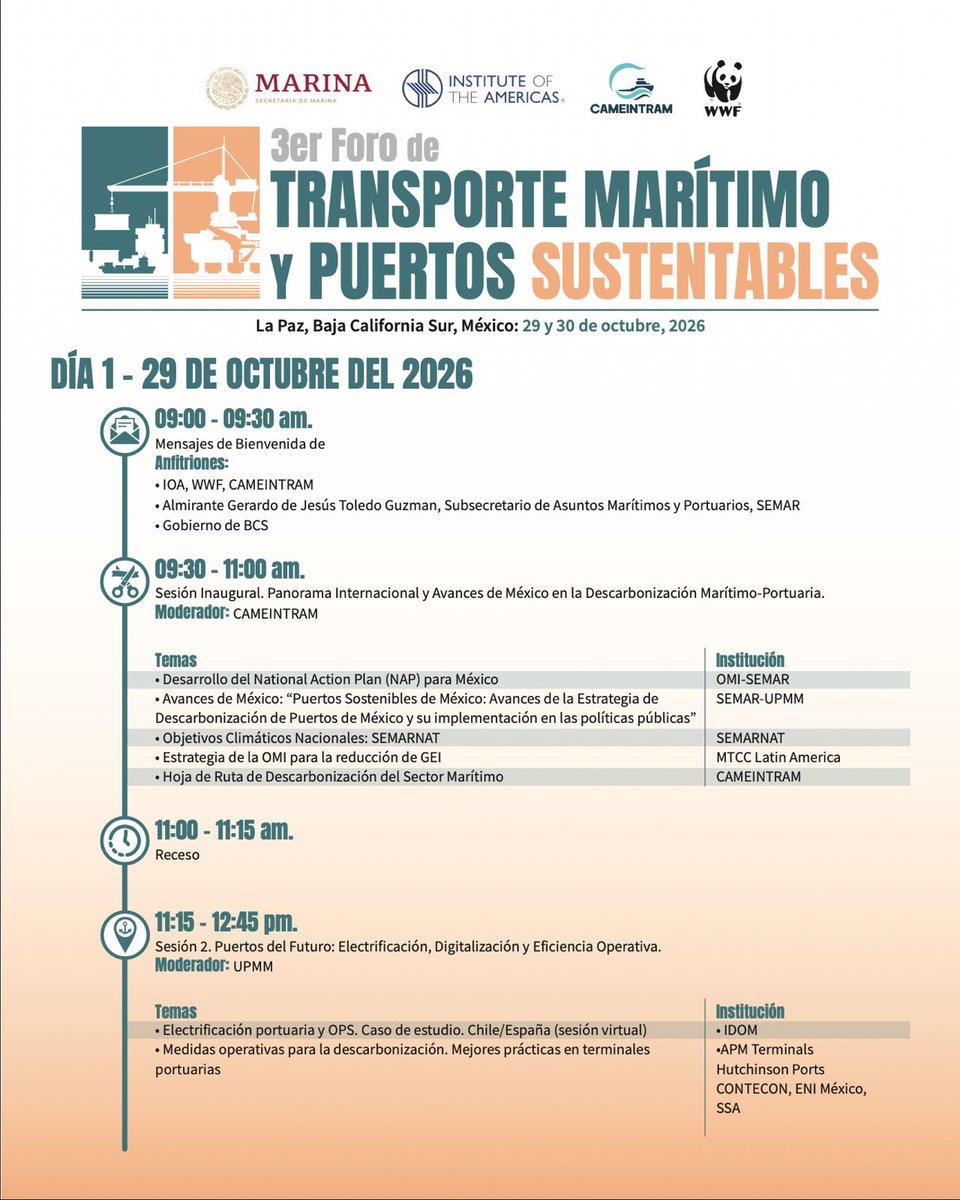CAMEINTRAM's tweet photo. ⚓ Tercer Foro de Transporte Marítimo y Puertos Sustentables | Agenda día 1 (29 y 30 de octubre de 2026) 🚢.  

A continuación, les compartimos el programa del día 1.  

🖊️ Regístrate aquí: https://t.co/uitjZvZ10M  

📌 Nota: La agenda está sujeta a cambios.  

Únete a la conversación con el hashtag #RumboALasCeroEmisiones