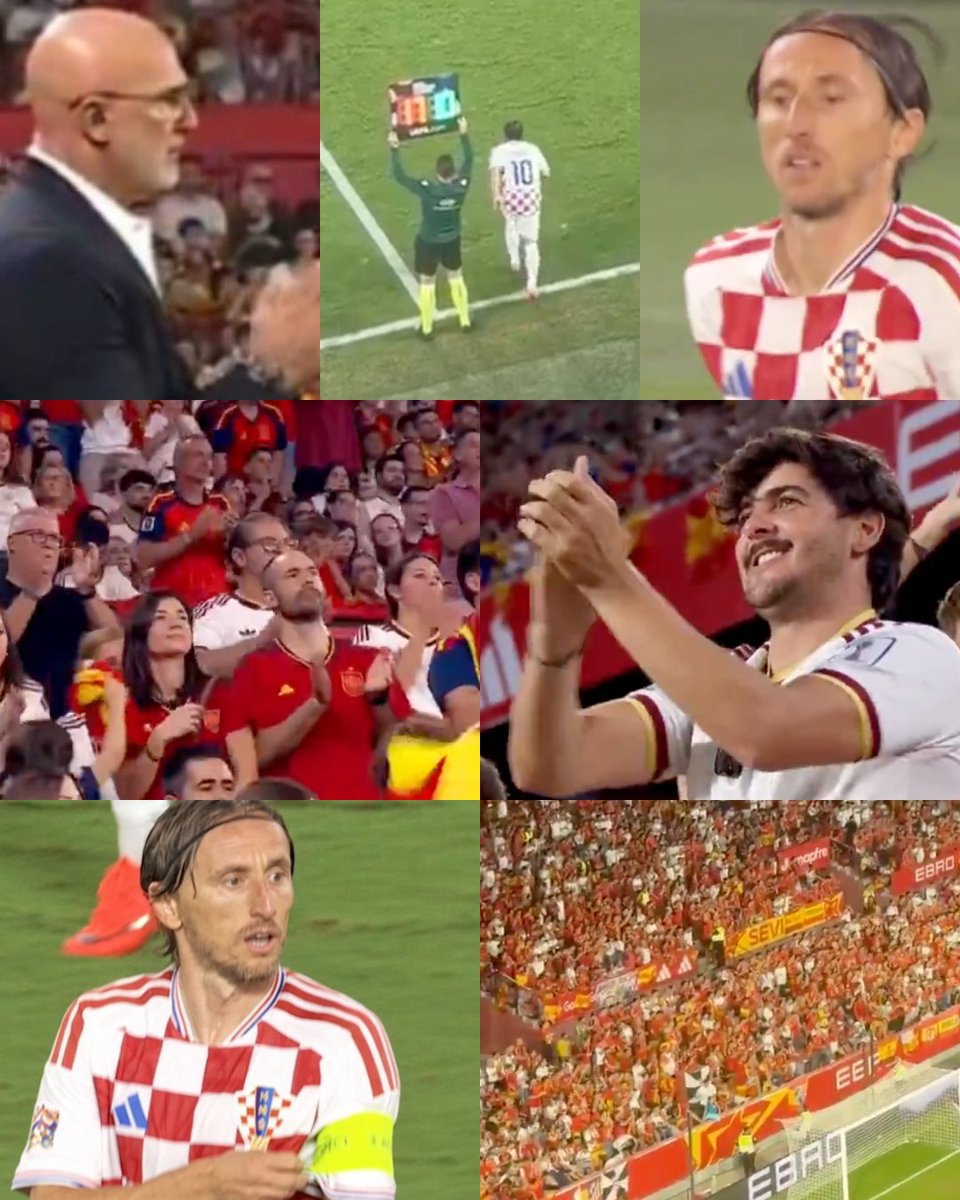InvictosSomos's tweet photo. Qué momentazo se vivió en el Ramón Sánchez Pizjuán. La afición de España se puso de pie y ovacionó a Luka Modric cuando ingresó a la cancha para jugar con la Selección de Croacia. Sí, pese a ser rivales, los españoles quisieron reconocer al legendario mago croata, quien dejó una huella imborrable en su paso por el fútbol español. Homenaje y reconocimiento al mediocampista más consistente de todos los tiempos. Hasta el entrenador Luis de la Fuente se quiso unir al fantástico gesto. HONOR A QUIEN HONOR MERECE.