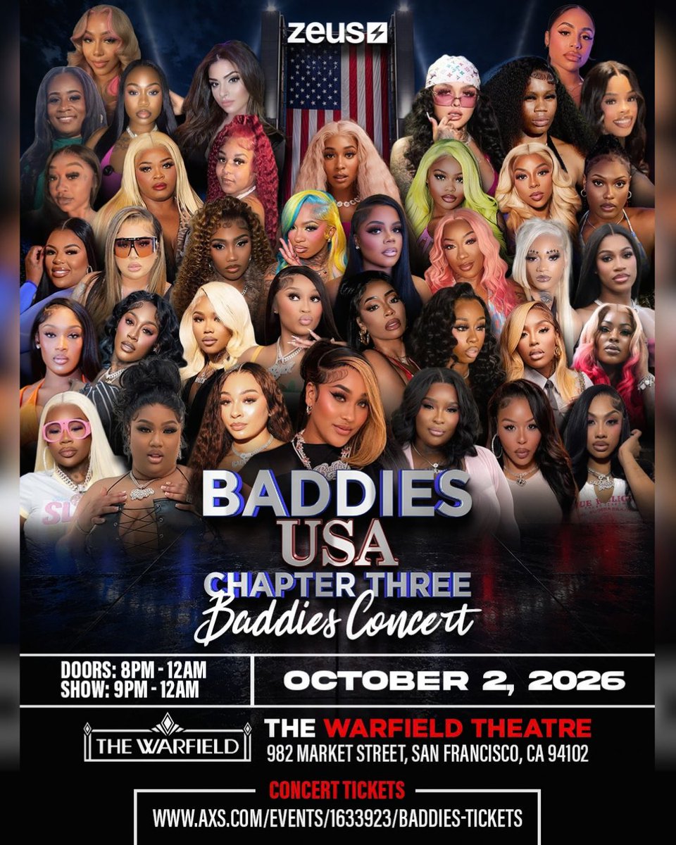 TMZ's tweet photo. The Baddies are kicking off Chapter Three in the Bay! 🔥

Natalie Nunn, Rollie, Tommie Lee, Biggie, Big Lex, Badd Dolly, Scotty With The Body, and more take the stage this Friday, October 2nd, for The Zeus Network's first #BaddiesUSAChapterThree concert at the Warfield Theatre in San Francisco!