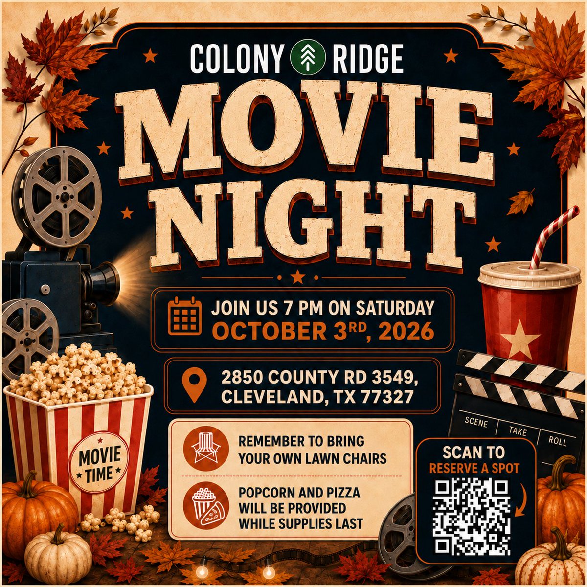 ColonyRidgeTX's tweet photo. WHO IS READY FOR MOVIE NIGHT THIS SATURDAY?!?! 🍿 🎬 🎞️ 🎥 

Are you wondering what movie we will be playing?! Give us your best guess in the comments and we will let you know if your guess is right! 👀

#movienight #movies #communityevents #events #ColonyRidge #ClevelandTX #Texas #Fallmovie #outdoormovienight #filmlovers