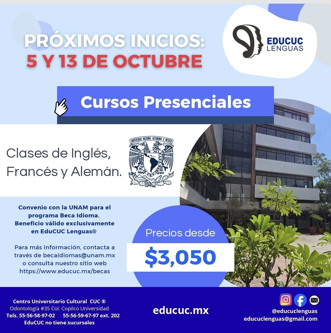 BecariosUNAM's tweet photo. #ComunidadUNAM​🚀 ¡Es tu momento de aprender inglés, francés o alemán con los cursos de ​Educuc Lenguas! 🌏 

🗓 inicio 05 y 13 de octubre 

​📬 Más información en: becaidiomas@unam.mx o consulta el sitio web https://t.co/J4hGCDSZTJ https://t.co/t1204UwKoR
