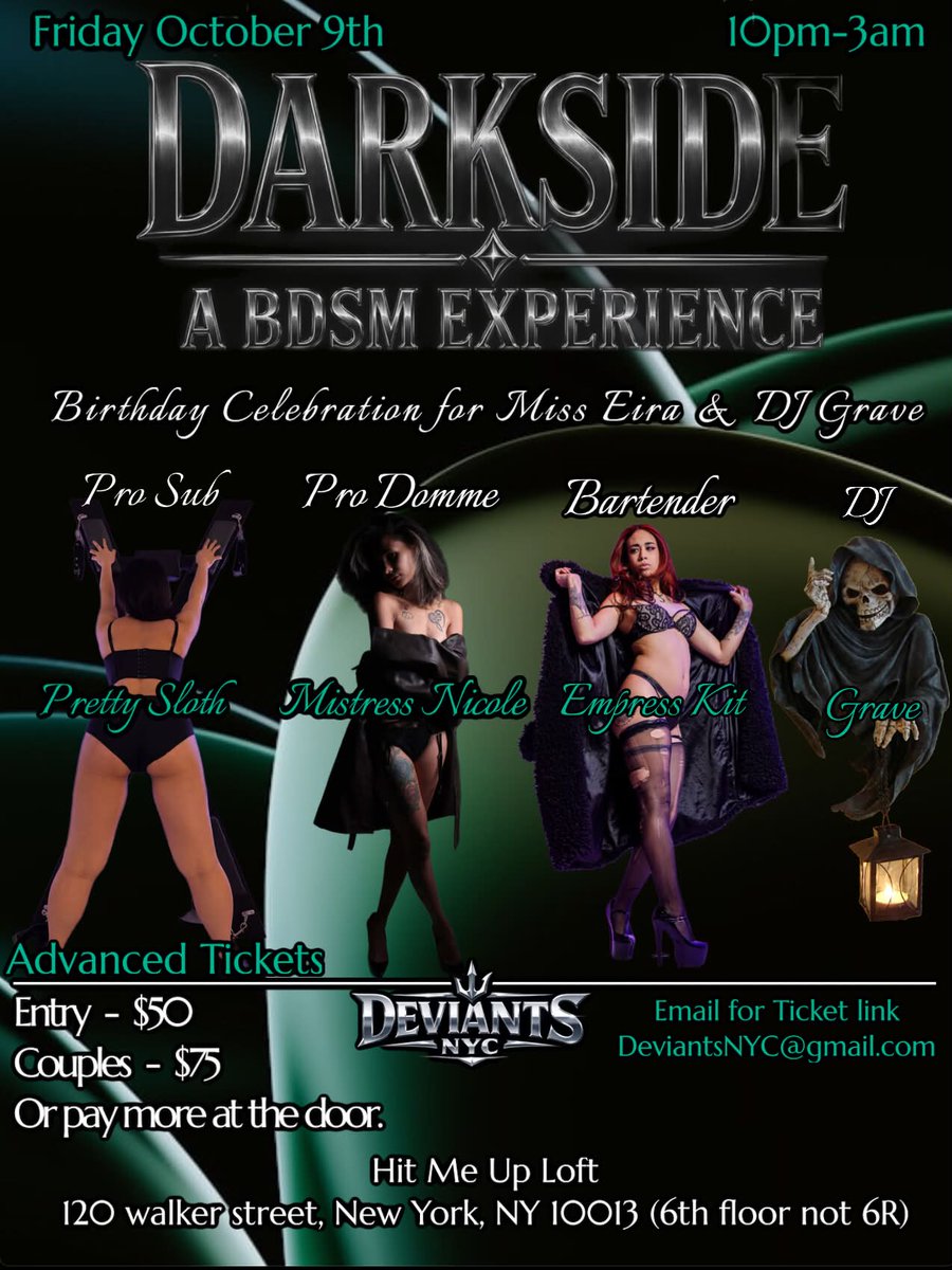 MissEiraaa's tweet photo. ✨ FRIDAY, October 9th! ✨
It’s a DOUBLE EVENT, so DOUBLE the fun! 🖤🔥

DommeNationNYC 8PM–11PM
Darkside 10PM–3AM

And of course.. we’ll be celebrating DJ Graves &amp; my BIRTHDAY! 👑🎂✨

Msg @DeviantsNYC for more info ℹ️ 

Forbidden tix link 🔗 
https://t.co/uDOPrNh6Jo https://t.co/6dIUIVdHuI