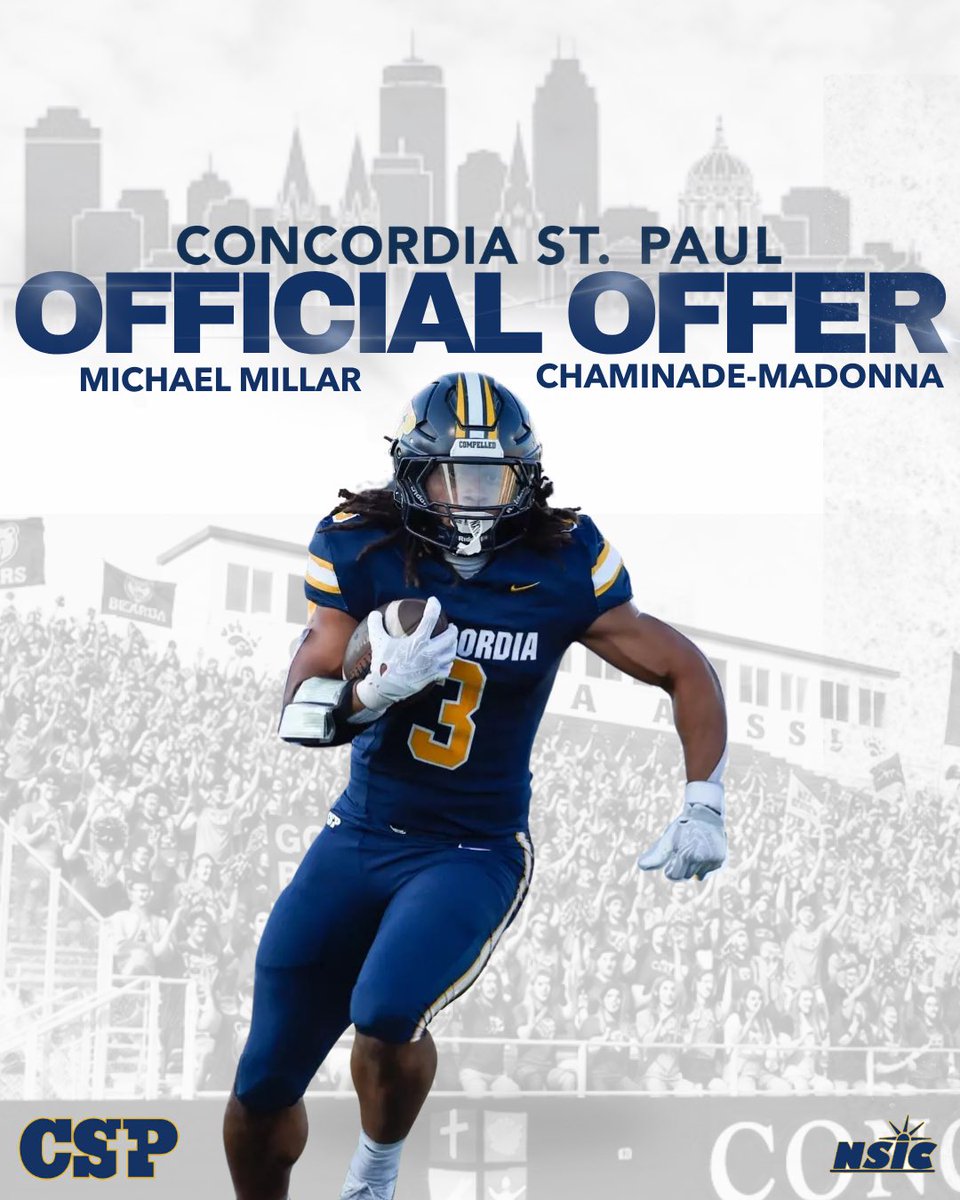 Michaelm_2027's tweet photo. Blessed to receive an offer from Concordia University, St. Paul @__CoachFee @CSPBearsFB @coach_aaron_89 @Nadeboyz @CoachPDBU
@drewskiiee @PrepRedzoneFL @FLPrepVarsity @Benjamin_Report @Andy_Villamarzo
@LawrenceBl83397 @EraPrep https://t.co/2A4tySeXtk
