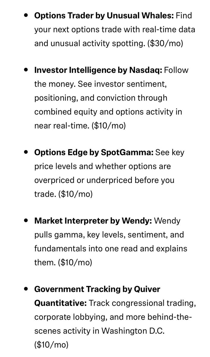 StockMKTNewz's tweet photo. Robinhood $HOOD just announced it is partnering with all of these companies to make their data available directly on Robinhood 

•Options Trader by Unusual Whales: Find your next options trade with real-time data and unusual activity spotting. ($30/mo)

•Investor Intelligence by Nasdaq: Follow the money. See investor sentiment, positioning, and conviction through combined equity and options activity in near real-time. ($10/mo)

•Options Edge by SpotGamma: See key price levels and whether options are overpriced or underpriced before you trade. ($10/mo)

•Market Interpreter by Wendy: Wendy pulls gamma, key levels, sentiment, and fundamentals into one read and explains them. ($10/mo)

•Government Tracking by Quiver Quantitative: Track congressional trading, corporate lobbying, and more behind-the-scenes activity in Washington D.C. ($10/mo)

•Crypto Fundamentals by Token Terminal: Track and analyze blockchains and crypto like companies, with data from 100+ chains & 1,200+ apps. ($10/mo) 

•Weather Trader by Visual Crossing: Use near-term forecasting models to analyze structural supply chain risks and price disruptions. ($5/mo)

•Satellite Intelligence by SkyFi: Coming soon, see and analyze real-world activity with satellite imagery and insights. ($10/mo)

•ChatterFlow Viral Stocks Detector by Narravance: Track emerging narratives from social chatter across thousands of US stocks. ($8/mo)

•Carbon Arc and Fiscal ai are also coming soon.