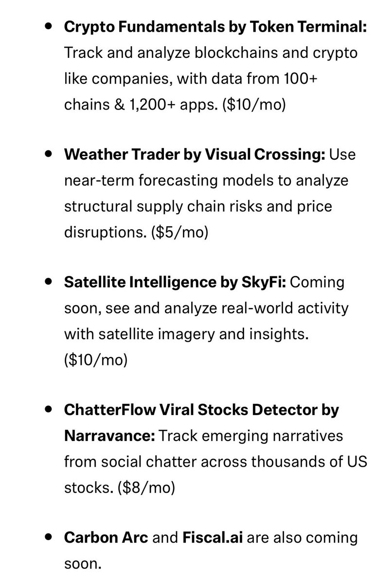 StockMKTNewz's tweet photo. Robinhood $HOOD just announced it is partnering with all of these companies to make their data available directly on Robinhood 

•Options Trader by Unusual Whales: Find your next options trade with real-time data and unusual activity spotting. ($30/mo)

•Investor Intelligence by Nasdaq: Follow the money. See investor sentiment, positioning, and conviction through combined equity and options activity in near real-time. ($10/mo)

•Options Edge by SpotGamma: See key price levels and whether options are overpriced or underpriced before you trade. ($10/mo)

•Market Interpreter by Wendy: Wendy pulls gamma, key levels, sentiment, and fundamentals into one read and explains them. ($10/mo)

•Government Tracking by Quiver Quantitative: Track congressional trading, corporate lobbying, and more behind-the-scenes activity in Washington D.C. ($10/mo)

•Crypto Fundamentals by Token Terminal: Track and analyze blockchains and crypto like companies, with data from 100+ chains & 1,200+ apps. ($10/mo) 

•Weather Trader by Visual Crossing: Use near-term forecasting models to analyze structural supply chain risks and price disruptions. ($5/mo)

•Satellite Intelligence by SkyFi: Coming soon, see and analyze real-world activity with satellite imagery and insights. ($10/mo)

•ChatterFlow Viral Stocks Detector by Narravance: Track emerging narratives from social chatter across thousands of US stocks. ($8/mo)

•Carbon Arc and Fiscal ai are also coming soon.
