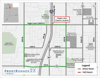 BountifulCityUT's tweet photo. Pages Lane Closure: 10/15
As part of the #FrontRunner2X project, Pages Lane near I-15 in Bountiful will be CLOSED Oct. 15 to Jan. 25, 2027.
Detour: 400 North to cross I-15
Learn more: https://t.co/dp26PAVPJy
#FrontRunner2X https://t.co/ZHT9RCQhyx