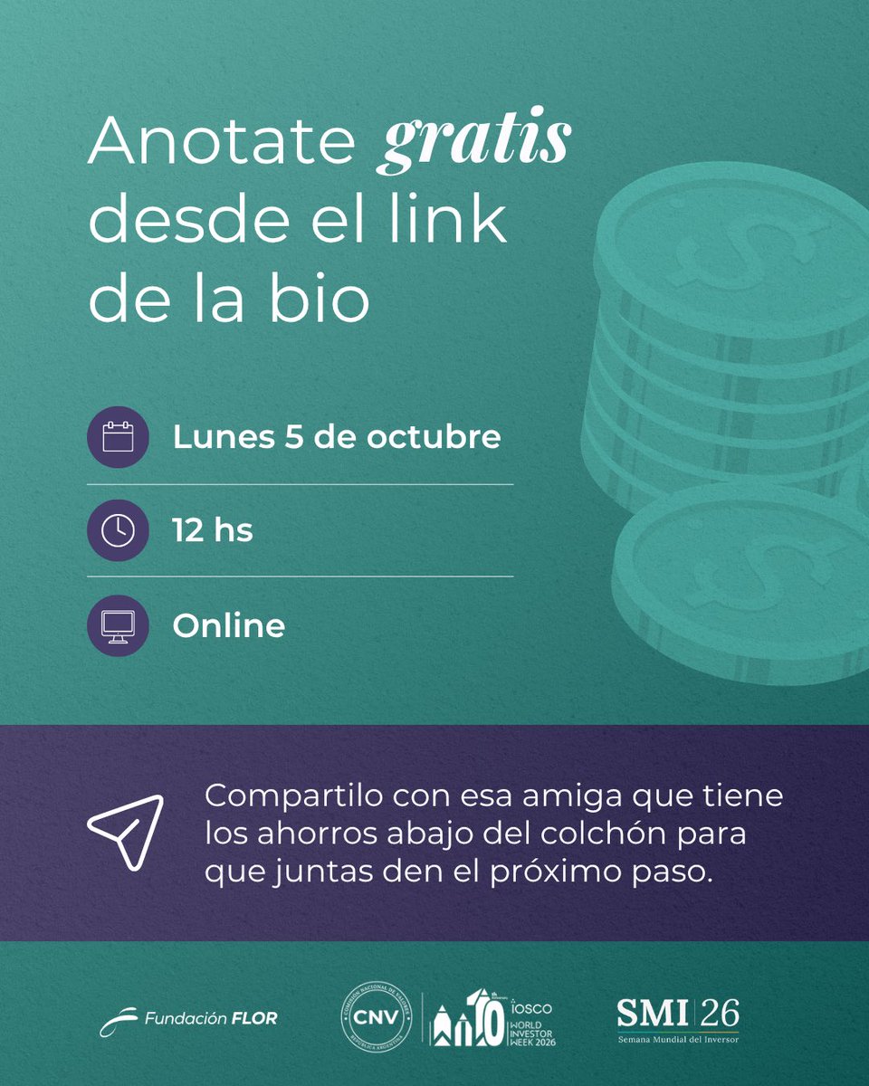 FundacionFLOR's tweet photo. Hablar de plata, es hablar de autonomía.

Muchas veces la inversión parece un mundo ajeno. Lleno de números, términos difíciles y riesgos que no sabemos cómo evaluar. 
Entender cómo funciona nuestro dinero es un primer paso para poder tomar decisiones con más información y confianza.

En el marco de la Semana Mundial del/a Inversor/a, el próximo lunes 5 de octubre vamos a conversar sobre mujeres, inclusión financiera e inversión, y sobre algunas de las barreras que todavía nos alejan de estas herramientas. También vamos a poner el foco en el mundo cripto como caso concreto.

Nos acompañan Valeria Laconich , Elena Alonso y Daniela Luz Clara para abrir la conversación y acercarnos a nuevas formas de pensar nuestras finanzas.

📅 Lunes 5 de octubre
🕛 12 h
💻 Online y gratuita

Anotate acá https://t.co/GY0kZYbwyZ y compartila con esa amiga con la que siempre hablan de empezar a invertir.