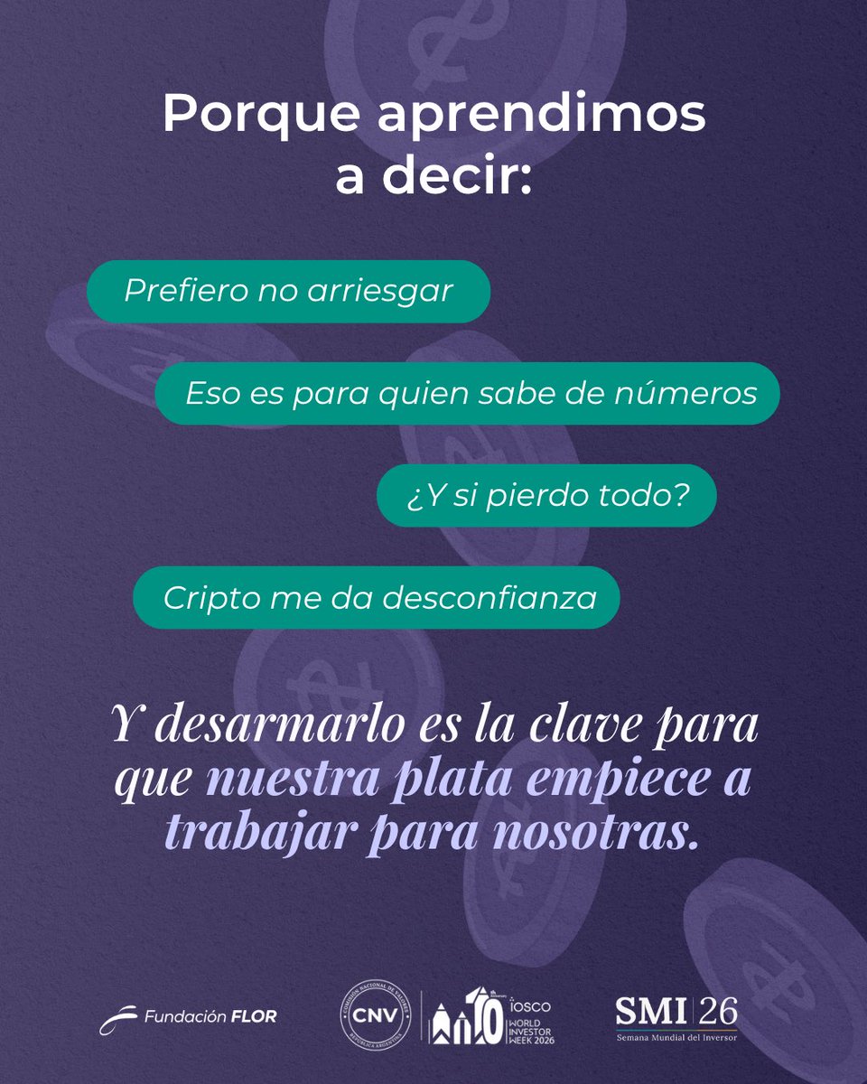 FundacionFLOR's tweet photo. Hablar de plata, es hablar de autonomía.

Muchas veces la inversión parece un mundo ajeno. Lleno de números, términos difíciles y riesgos que no sabemos cómo evaluar. 
Entender cómo funciona nuestro dinero es un primer paso para poder tomar decisiones con más información y confianza.

En el marco de la Semana Mundial del/a Inversor/a, el próximo lunes 5 de octubre vamos a conversar sobre mujeres, inclusión financiera e inversión, y sobre algunas de las barreras que todavía nos alejan de estas herramientas. También vamos a poner el foco en el mundo cripto como caso concreto.

Nos acompañan Valeria Laconich , Elena Alonso y Daniela Luz Clara para abrir la conversación y acercarnos a nuevas formas de pensar nuestras finanzas.

📅 Lunes 5 de octubre
🕛 12 h
💻 Online y gratuita

Anotate acá https://t.co/GY0kZYbwyZ y compartila con esa amiga con la que siempre hablan de empezar a invertir.