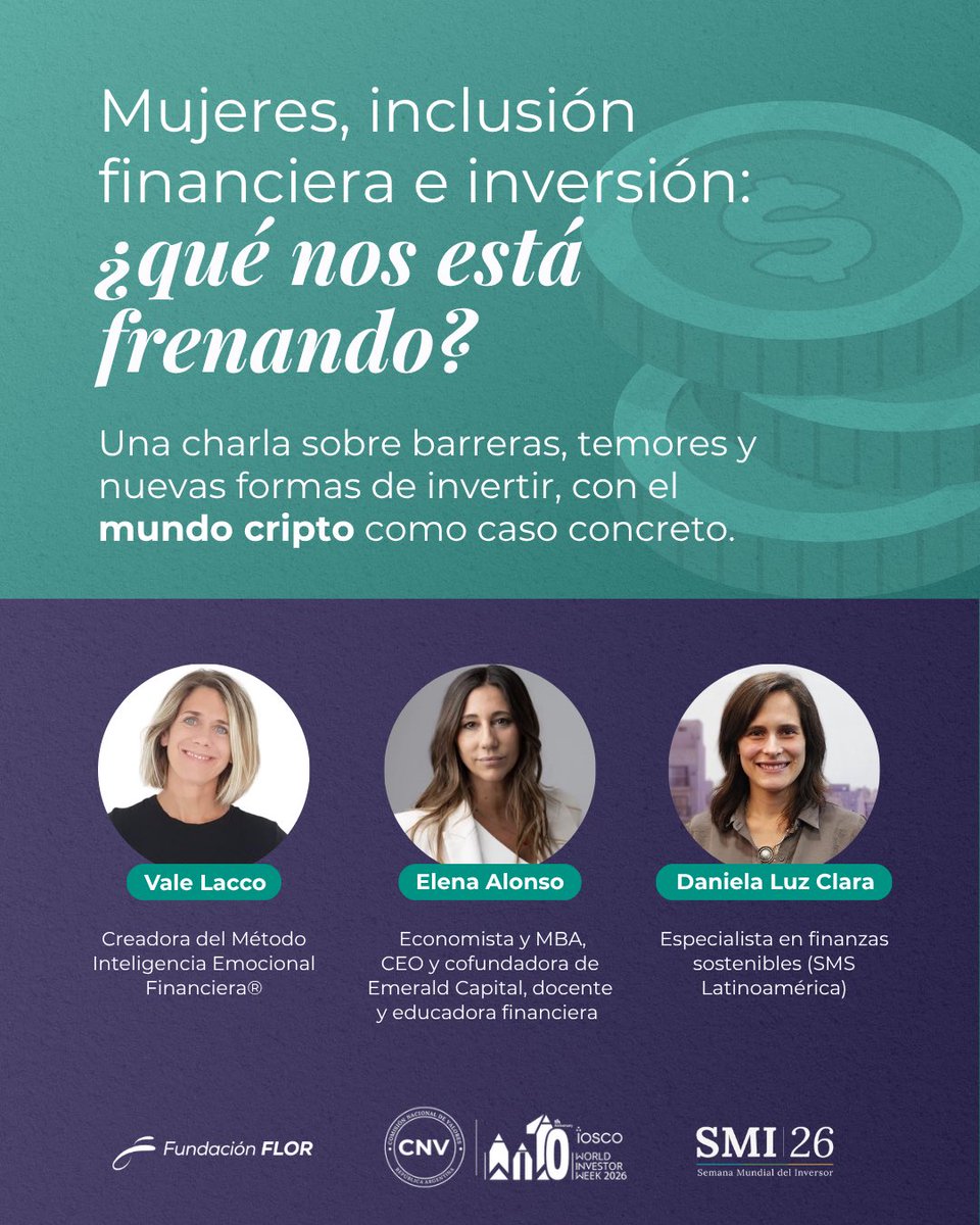 FundacionFLOR's tweet photo. Hablar de plata, es hablar de autonomía.

Muchas veces la inversión parece un mundo ajeno. Lleno de números, términos difíciles y riesgos que no sabemos cómo evaluar. 
Entender cómo funciona nuestro dinero es un primer paso para poder tomar decisiones con más información y confianza.

En el marco de la Semana Mundial del/a Inversor/a, el próximo lunes 5 de octubre vamos a conversar sobre mujeres, inclusión financiera e inversión, y sobre algunas de las barreras que todavía nos alejan de estas herramientas. También vamos a poner el foco en el mundo cripto como caso concreto.

Nos acompañan Valeria Laconich , Elena Alonso y Daniela Luz Clara para abrir la conversación y acercarnos a nuevas formas de pensar nuestras finanzas.

📅 Lunes 5 de octubre
🕛 12 h
💻 Online y gratuita

Anotate acá https://t.co/GY0kZYbwyZ y compartila con esa amiga con la que siempre hablan de empezar a invertir.