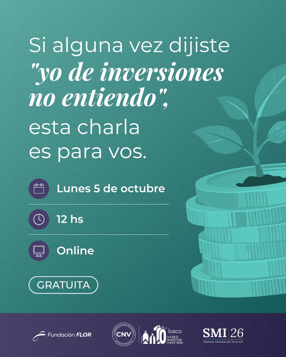 FundacionFLOR's tweet photo. Hablar de plata, es hablar de autonomía.

Muchas veces la inversión parece un mundo ajeno. Lleno de números, términos difíciles y riesgos que no sabemos cómo evaluar. 
Entender cómo funciona nuestro dinero es un primer paso para poder tomar decisiones con más información y confianza.

En el marco de la Semana Mundial del/a Inversor/a, el próximo lunes 5 de octubre vamos a conversar sobre mujeres, inclusión financiera e inversión, y sobre algunas de las barreras que todavía nos alejan de estas herramientas. También vamos a poner el foco en el mundo cripto como caso concreto.

Nos acompañan Valeria Laconich , Elena Alonso y Daniela Luz Clara para abrir la conversación y acercarnos a nuevas formas de pensar nuestras finanzas.

📅 Lunes 5 de octubre
🕛 12 h
💻 Online y gratuita

Anotate acá https://t.co/GY0kZYbwyZ y compartila con esa amiga con la que siempre hablan de empezar a invertir.