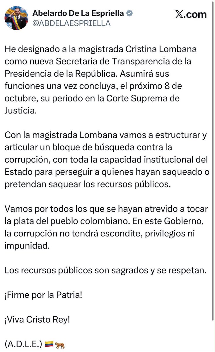 ELTIEMPO's tweet photo. 🔴 El presidente Abelardo De La Espriella acaba de anunciar que la magistrada de la Corte Suprema Cristina Lombana asumirá la Secretaría de Transparencia de la Presidencia. Llegará al cargo el próximo 8 de octubre, una vez finalice su periodo en el alto tribunal. 

“Vamos a estructurar un bloque de búsqueda contra la corrupción”.