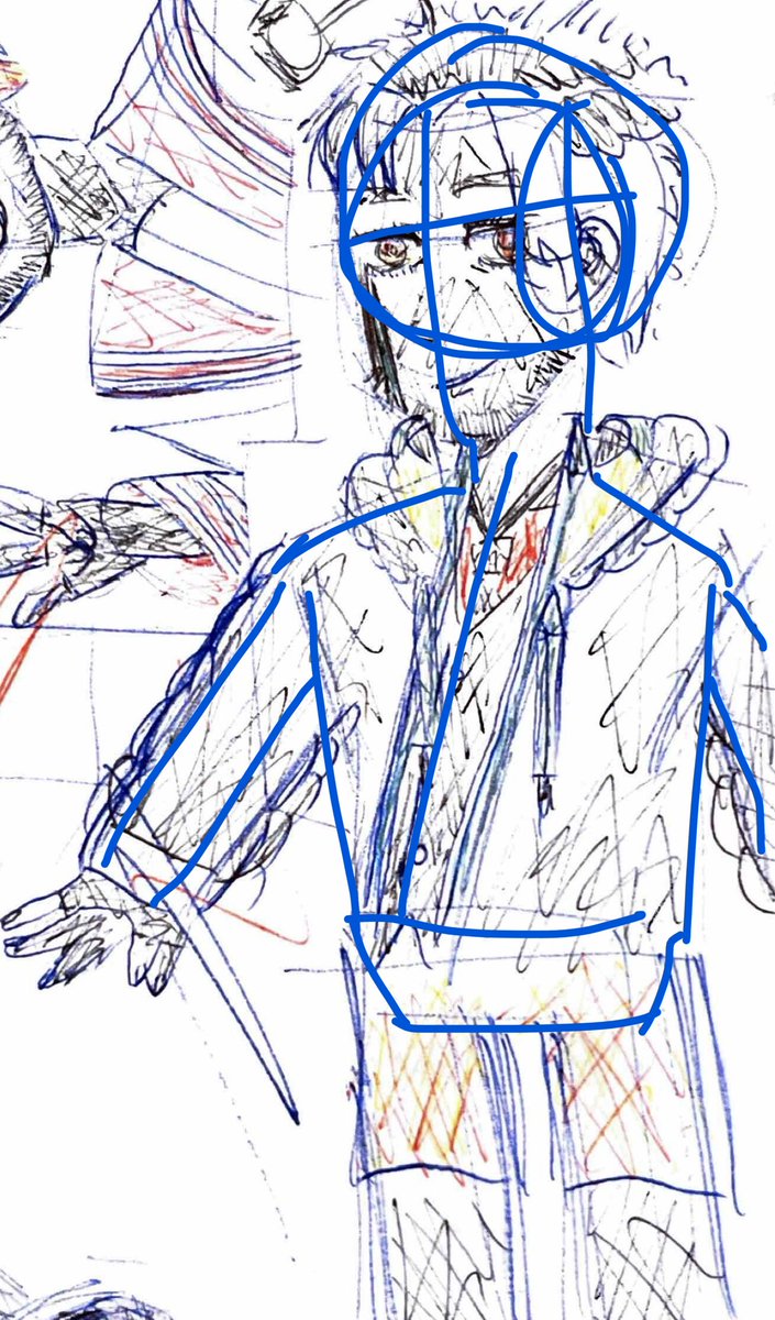 PARANOlDPARADE's tweet photo. @survivingasblan I've been drawing traditionaly with ballpoint pens a lot.
don't be afraid!!!! things don't have to be perfect

this is how I draw humans
the blue is the general shape everything else goes around it.

the pose is based on the other image. 
don't be ashamed to reference!!!! https://t.co/0OlXkM0U2d