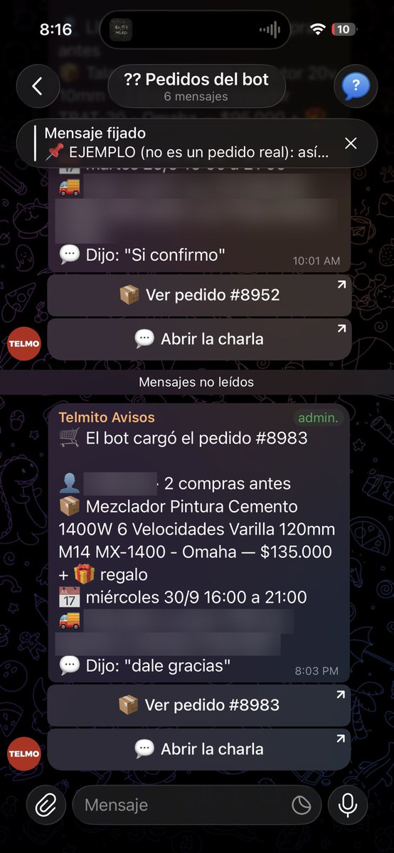 Rodri_amg's tweet photo. Me parece una locura que Claude me haya hecho posible hacer esto.

Un bot con IA que vale 2 pesos está tomando pedidos por WhatsApp sin que yo haga nada, los carga al sistema directamente, mañana el pedido sale como cualquier otro.

Hace 5 meses anotábamos los pedidos en una tabla de Excel que se sincronizaba mal. Dios mio.
