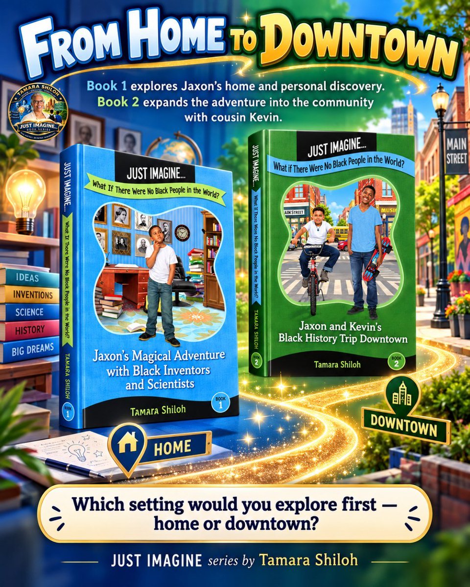 tamarashiloh's tweet photo. 🏠➡️🏙️ FROM HOME TO DOWNTOWN! 📚

Jaxon's adventure grows!

💙 Book 1: Curiosity begins at home.
💚 Book 2: The adventure continues downtown with cousin Kevin.

🌐 https://t.co/K99qxBwnr2

#TamaraShiloh #JustImagine #JaxonsAdventure #ChildrensBooks #KidsBooks #BlackChildrensBooks https://t.co/sc1HvSwlZ0