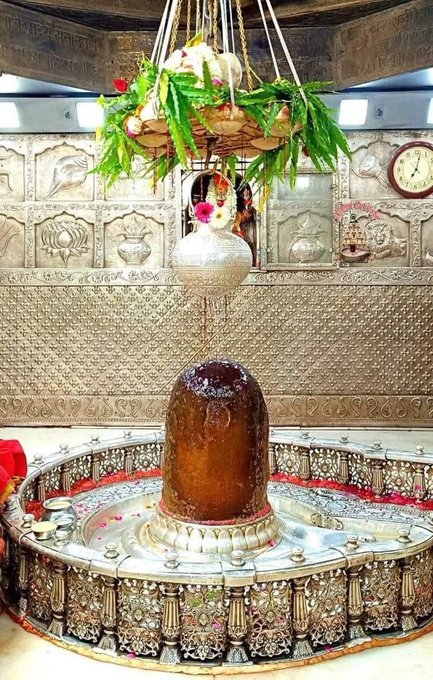 A Shiva lingam shrine with an ornate silver base sits beneath a hanging pot adorned with green leaves, flowers, and coconuts in what appears to be a Hindu temple.