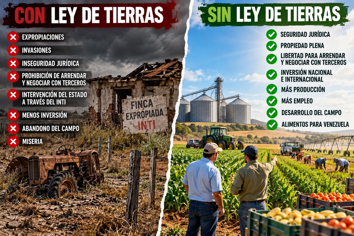 RobertoSmithP's tweet photo. HAY QUE DEROGAR LA INFAME LEY DE TIERRAS.

Porque convirtió la propiedad rural en un favor sometido al Estado. La Ley de Tierras nace en 2001 en plena locura del proyecto socialista de Chávez. Su lógica fue sustituir la seguridad de la propiedad privada por un sistema en el cual el Estado decide qué tierra es de quién, qué tierra considera productiva, ociosa o mejorable y qué debe producirse en ella. El Estado pasa a ser dueño y señor de decenas de millones de hectáreas.

Y detrás de todo está el peor principio: “LA TIERRA ES DE QUIEN LA TRABAJA, NO DEL DUEÑO”. 
Una consigna 100% comunista que sustituye el derecho de propiedad por un supuesto “derecho” derivado de la ocupación y el trabajo de la tierra (que define el gobierno). Bajo esa lógica, el propietario deja de tener un derecho pleno y permanente sobre lo suyo y pasa a tener que demostrarle al Estado que merece conservarlo. Prestado.

Y hay algo todavía más grave: la Ley de Tierras PROHIBIÓ LA “TERCERIZACIÓN”.
Es decir, restringió el derecho del propietario legítimo a decidir libremente cómo explotar su propia tierra mediante acuerdos con terceros. Arrendar, asociarse, contratar o negociar el aprovechamiento de una finca son operaciones normales en cualquier economía agrícola moderna.

La tierra es un activo productivo. Su propietario debe poder trabajarla directamente, arrendarla, asociarse con un productor, aportar el terreno a un proyecto, financiarlo, hipotecarlo o contratar a terceros para producir. ESO ES PROPIEDAD.

Cuando el Estado le dice al propietario qué puede hacer con su tierra, con quién puede hacerlo y bajo cuáles condiciones, está vaciando el derecho de propiedad de su contenido económico. ES COMUNISMO.

Creó el INTI y le otorgó enormes facultades. Incluso el propietario privado debía obtener una certificación de finca productiva y demostrar que su producción estaba ajustada a los planes de seguridad alimentaria del Gobierno. Si no se ajustaba, estaba en riego de toma o robo.

Allí está el problema: el funcionario adquirió un poder extraordinario para decidir si una finca era “productiva”, “mejorable” u “ociosa”. La ley contempla intervención y expropiación a criterio del burócrata.

Para las tierras adjudicadas por el INTI, además, el llamado “título de adjudicación permanente” transfiere la posesión y el derecho de goce, pero NO DA PROPIEDAD, no permite vender o hipotecar libremente la tierra. Incluso puede ser revocado si el INTI considera incumplido el compromiso de trabajo.

¿El resultado?

Según cifras del Registro Agrario del INTI, entre 2001 y 2021 se contabilizaron 4,1 MILLONES DE HECTÁREAS en procedimientos de “rescate” (un concepto comunista previo al robo de las tierras). Algunas reportaron cifras  mayores.

Eso es exactamente lo contrario de lo que Venezuela necesita para reconstruir el campo.

¿Quién va a invertir millones de dólares en ganado, genética, riego, maquinaria, silos, carreteras, cultivos permanentes o agroindustria si no tiene absoluta seguridad sobre la tierra en la que está invirtiendo?

Venezuela necesita darle la vuelta total a esa filosofía errada y maliciosa.

PROPIEDAD PRIVADA.
TÍTULOS PLENOS.
SEGURIDAD JURÍDICA.
LIBERTAD PARA PRODUCIR.
LIBERTAD PARA INVERTIR.
LIBERTAD PARA VENDER, COMPRAR, ARRENDAR, ASOCIARSE, HIPOTECAR Y HEREDAR.

La tierra no debe pertenecer al burócrata que decide quién puede utilizarla. Debe pertenecer a su legítimo propietario.
La Ley de Tierras debe ser derogada y sustituida por un régimen moderno de propiedad rural que convierta al campo venezolano en destino de inversión nacional e internacional.
Sin propiedad no hay crédito. Sin seguridad jurídica no hay inversión. Y sin inversión NO HABRÁ RENACIMIENTO DEL CAMPO VENEZOLANO. NUNCA HABRÁ SOBERANÍA ALIMENTARIA.