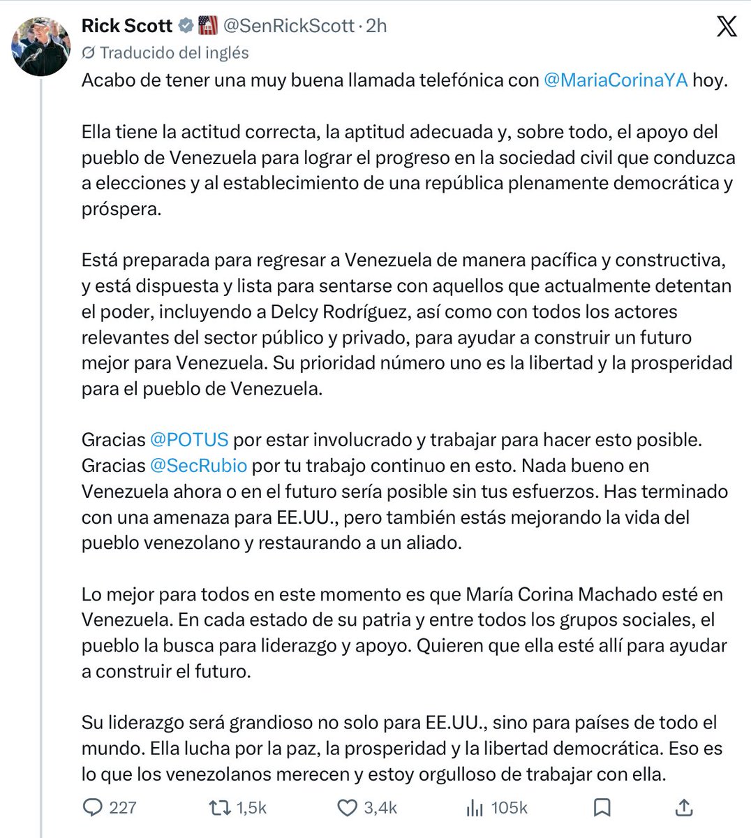 El_Cooperante's tweet photo. 🇺🇸🇻🇪 | El senador Rick Scott informó que conversó con María Corina Machado y aseguró que la dirigente opositora se encuentra «dispuesta y lista» para sentarse a dialogar con quienes actualmente ejercen el poder en Venezuela, incluida la presidenta encargada, Delcy Rodríguez 

También afirmó que Machado está «dispuesta» a conversar con «todos los actores relevantes del sector público y privado para ayudar a construir un futuro mejor para Venezuela».