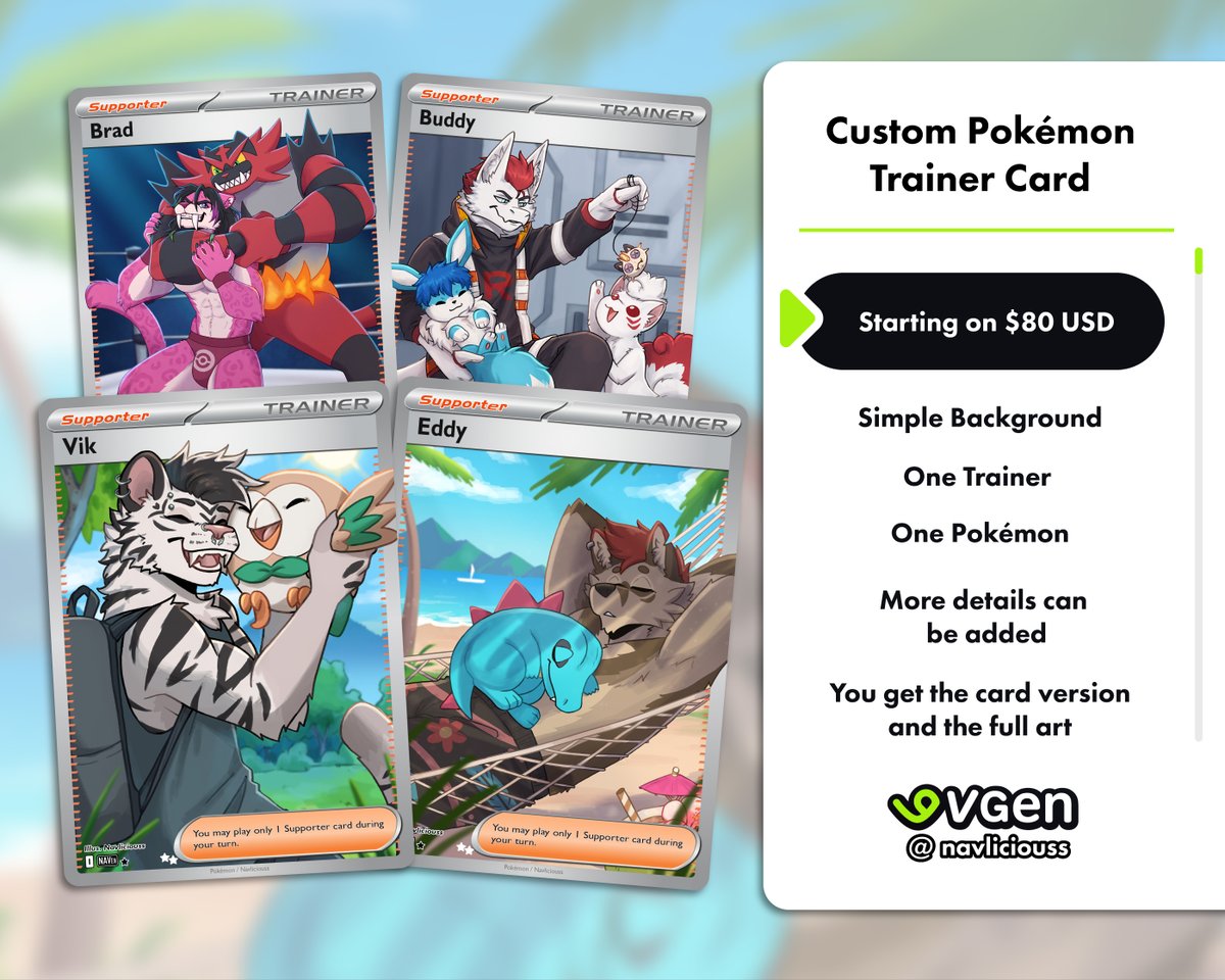navliciouss's tweet photo. Get a custom card of your sona with your favorite Pokemon!
 
Any gender and species ~
Complicated designs may cost a bit more
 
Feel free to DM me if interested or if you have any questions! You can also request one through VGen

#Pokemon #PokemonArt #Commission #Furry #Furryart https://t.co/rZLly95NQk