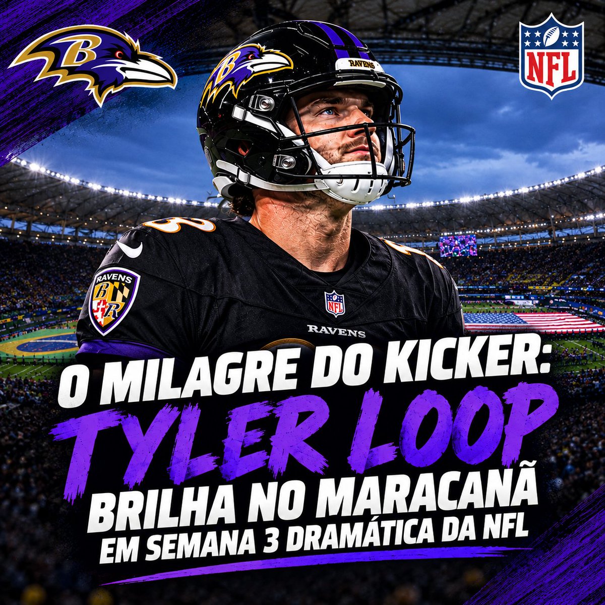InsidetheLigas's tweet photo. O MILAGRE DO KICKER: TYLER LOOP BRILHA NO MARACANÃ EM SEMANA 3 DRAMÁTICA DA NFL

O grande destaque da Semana 3 da temporada 2026-27 da NFL foi o histórico NFL Rio Game, a primeira partida de temporada regular realizada no Rio de Janeiro. Em um confronto empolgante decidido no último segundo no Maracanã, com um field goal memorável.

Ravens e Cowboys entregaram um espetáculo inesquecível no Rio de Janeiro. O terceiro confronto oficial da NFL em solo brasileiro superou todas as expectativas, reunindo rivalidade, lances espetaculares e a atmosfera eletrizante que todo apaixonado por futebol americano sonha em vivenciar. 

No fim, o placar apertado de 34 a 31 a favor dos Ravens foi o desfecho perfeito para uma partida histórica. O NFL Rio Game impactou cerca de 46,3 milhões de pessoas somando as audiências consolidadas de transmissão no Brasil e nos Estados Unidos, quebrando recordes expressivos de audiência em ambos os países.

O evento registrou 72.792 torcedores presentes, tornando-se o maior público da NFL em solo brasileiro e superando as edições anteriores realizadas em São Paulo. Apesar das preocupações iniciais sobre as adaptações do campo, técnicos e jogadores elogiaram a qualidade do gramado do Maracanã após o término do duelo.

Ambos os QBs tiveram uma atuação bastante segura. O RB Derrick Henry anotou 2 TDs e entrou oficialmente para o top 9 da história da NFL em jardas terrestres, ultrapassando o lendário Eric Dickerson. Já o WR CeeDee Lamb, teve grande atuação com 112 jardas recebidas em 7 recepções.

Das 14 partidas disputadas no domingo e na segunda-feira, 12 foram decididas por apenas uma posse de bola, igualando o recorde histórico da liga para um único dia. Do show internacional no Rio de Janeiro às surpresas sob os refletores de Chicago, a rodada trouxe emoções nesse início de temporada.

Bills 24 x 16 Chargers: Mesmo com cinco turnovers coletivos e uma atuação ruim do quarterback Josh Allen, os Bills conseguiram virar uma desvantagem inicial de 10 pontos para manter a invencibilidade (3-0), graças ao RB James Cook correndo para 154 jardas e anotando 1 TD.

Browns 21 x 18 Panthers: Os Browns asseguraram o triunfo apertado em casa, segurando a reação tardia dos Panthers. Mais um jogo sólido do QB Deshaun Watson, com 2 TDs lançados.

Lions 31 x 24 Jets: Com uma atuação dominante do Running Back Jahmyr Gibbs, que anotou três touchdowns no segundo tempo, os Lions conquistaram a vitória em casa. O QB Geno Smith, dos Jets, teve grande atuação com 31 de 37 passes completados, 321 jardas e 3 TDs.

Colts 19 x 17 Texans: Em um jogo fraco, no duelo da divisão AFC Sul, os Colts conquistaram seu primeiro triunfo, deixando os Texans ainda sem vitória na temporada regular.

Jaguars 35 x 6 Patriots: Um verdadeiro atropelo. Vitória dominante e tranquila dos Jaguars em casa por 29 pontos de diferença. O QB Trevor Lawrence teve boa exibição com 3 TDs lançados. Destaque também para Travis Hunter que conseguiu sua primeira interceptação na NFL.

Steelers 30 x 27 Bengals: Em um clássico eletrizante da divisão AFC Norte, os Steelers levaram a melhor por apenas uma posse de bola. Aaron Rodgers, QB dos Steelers, teve uma atuação vintage, com 3 TDs lançados. Joe Burrow, QB dos Bengals, também conseguiu uma boa performance com 3 TDs.

Commanders 33 x 31 Seahawks: Um dos jogos mais movimentados do início da tarde, decidido nos instantes finais com a vitória apertada de Washington. QB reserva Marcus Mariota, dos Commanders, brilhou na partida, com 3 TDs lançados. O WR Jaxson Smith-Njigba, teve 128 jardas recebidas em 10 recepções.

Raiders 35 x 27 Saints: Uma exibição ofensiva explosiva garantiu o placar elástico e mais uma vitória para os Raiders. Ambos QBs brilharam no confronto. Kirk Cousins dos Raiders com 3 TDs e Tyler Shough dos Saints com 4 TDs, dominaram as defesas.

Broncos 30 x 26 Rams: No Sunday Night Football, o embate tático entre os treinadores Sean Payton e Sean McVay, os Broncos saíram vencedores em Denver após uma disputa equilibrada até os últimos segundos. 

O WR Davante Adams, venceu quase todos os duelos contra o excelente CB Pat Surtain II e terminou a partida com 137 jardas recebidas em 7 recepções. Em compensação, o Safety Talanoa Hufanga dos Broncos brilhou com 2 INTs e 1 Sack.

Bears 27 x 7 Eagles: Com o Quarterback titular Caleb Williams lesionado, o terceiro reserva Case Keenum assumiu a posição e comandou o ataque dos Bears com brilho. Ele completou 24 de 34 passes para 247 jardas e lançou 2 TDs.

A defesa de Chicago dominou por completo o Quarterback Jalen Hurts no segundo tempo com forte pressão e interceptações, sacramentando a vitória contundente no Soldier Field.