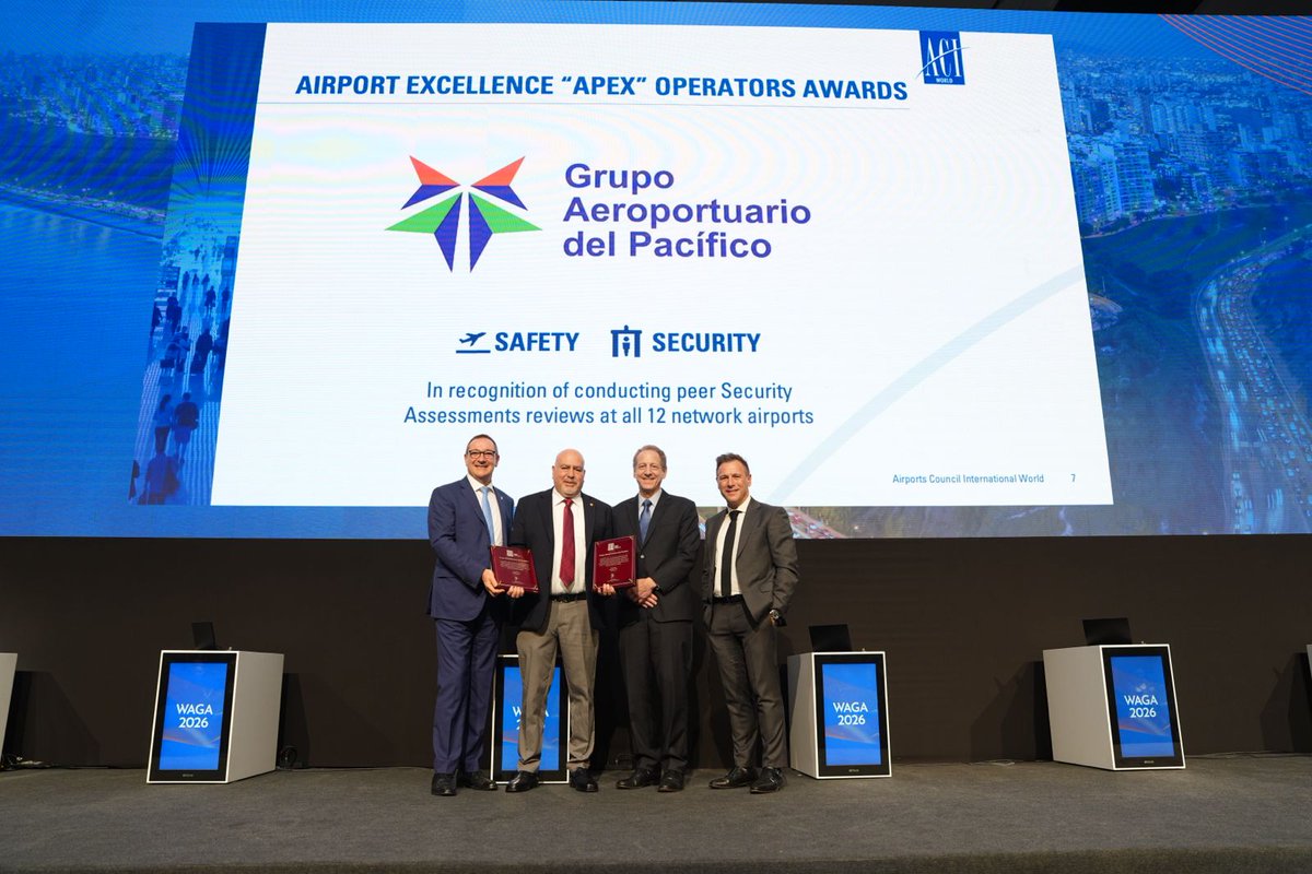 ACIWorld's tweet photo. 🏆 Special recognition for Grupo Aeroportuario del Pacífico (GAP) at #WAGA2026 for its commitment to APEX in Safety and Security, including conducting peer Security Assessment reviews across all 12 airports in its network.

Congratulations to the GAP team!

@aeropuertosGAP @ACI_LAC