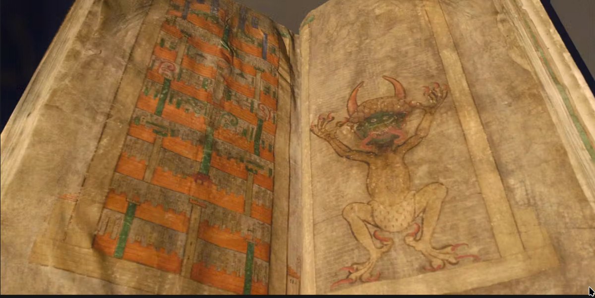 eprubino's tweet photo. The Devil's Bible 

formally known as the Codex Gigas is a 13th-century manuscript of the Bible that stands out for its sheer size (over 3 feet tall, 1.5 feet wide, and weighing 75 pounds) and its unique content. The text is written in Latin on vellum pages, with the Old and New Testaments, along with several apocryphal books and a treatise on medicine.  

Its nickname comes from the inclusion of a full-page portrait of Satan opposite a depiction of Heaven. The manuscript is believed to have been created in the early 13th century, possibly in Bohemia (now part of the Czech Republic), by a single scribe who may have been a monk. The story goes that this monk made a Faustian bargain with the devil to complete the massive work in a single night hence the "Devil's" label.  

Despite its dark legend, the Codex Gigas is more notable for its historical significance than any overtly demonic content. It's one of the most well-preserved examples of medieval bookmaking and contains unique marginal notes that offer insights into medieval thought. Today, it's housed at the National Library of Sweden in Stockholm, where it remains one of the library's most famous and studied items.

#Devils #Bible #History