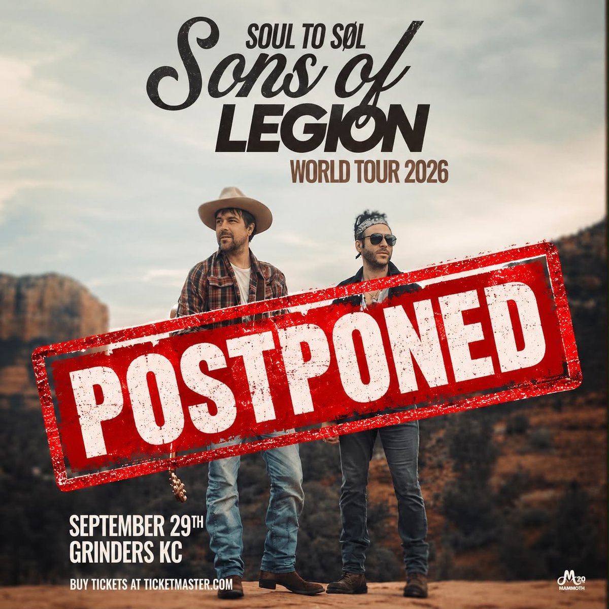 GrindersKC's tweet photo. Due to anticipated severe weather in the area, the @SonsOfLegion_ show tonight has been postponed. 

A new date will be announced soon; hold on to ur tickets, they’ll remain valid for the new date when it is announced. Ticketholders will be emailed directly. Stay safe everyone! https://t.co/HWmMaaxAsM